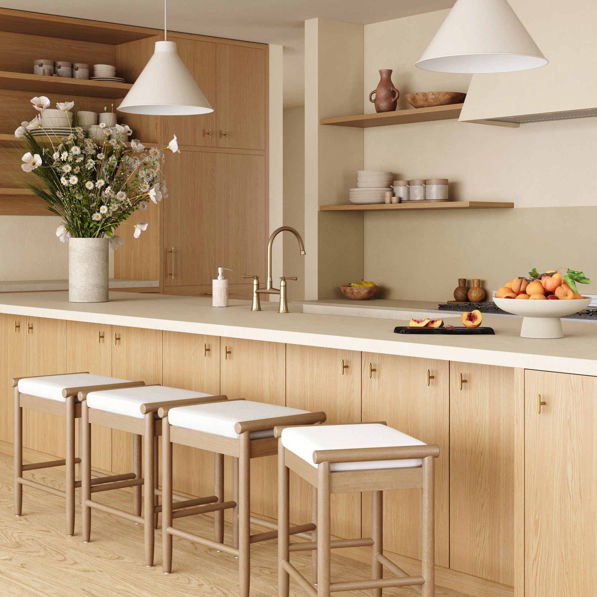 Backless Wooden Bar Stool with Boucle Upholstery Light Brown (Set of 4)