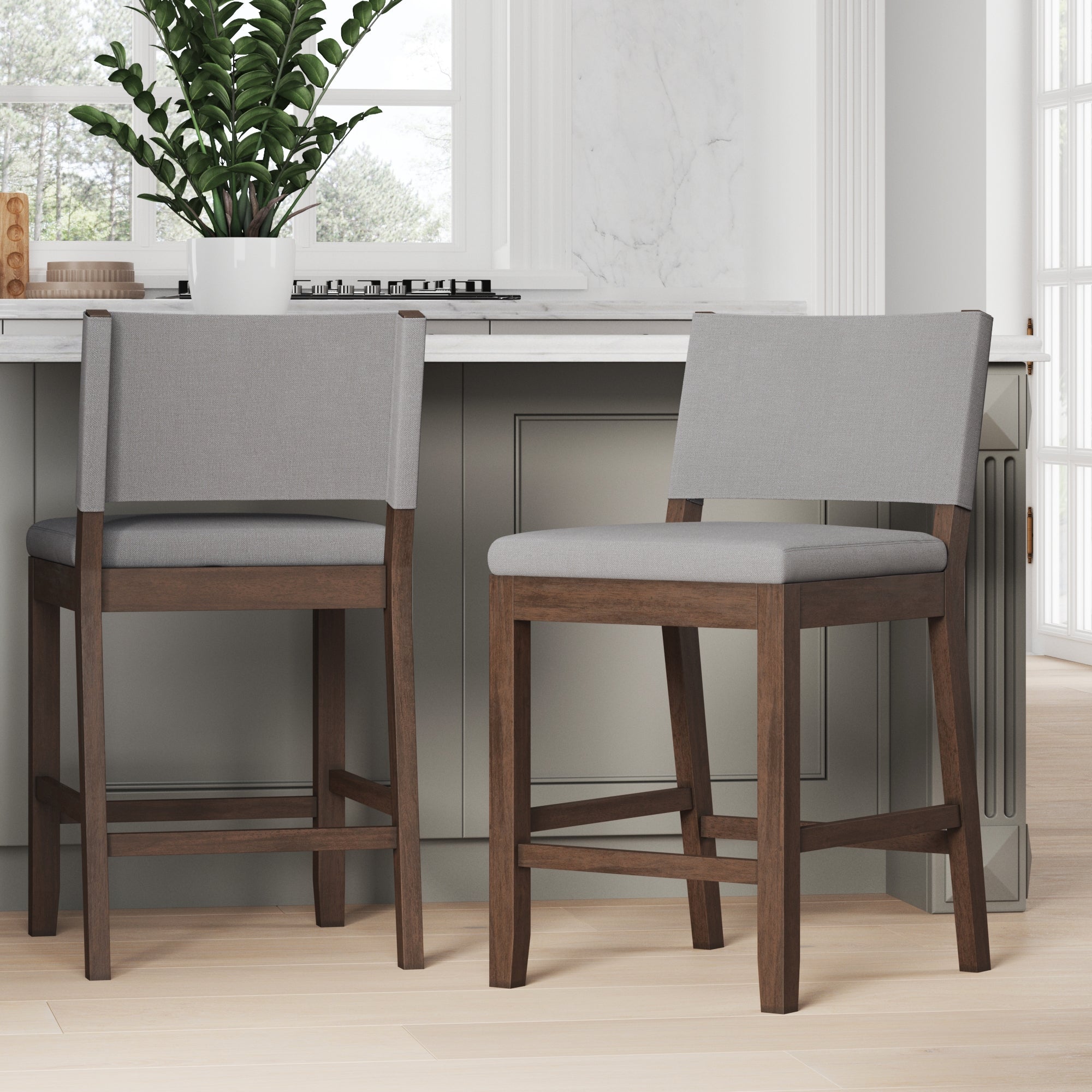 Wood Counter Height Bar Stools Dark Brown Gray (Set of 2)