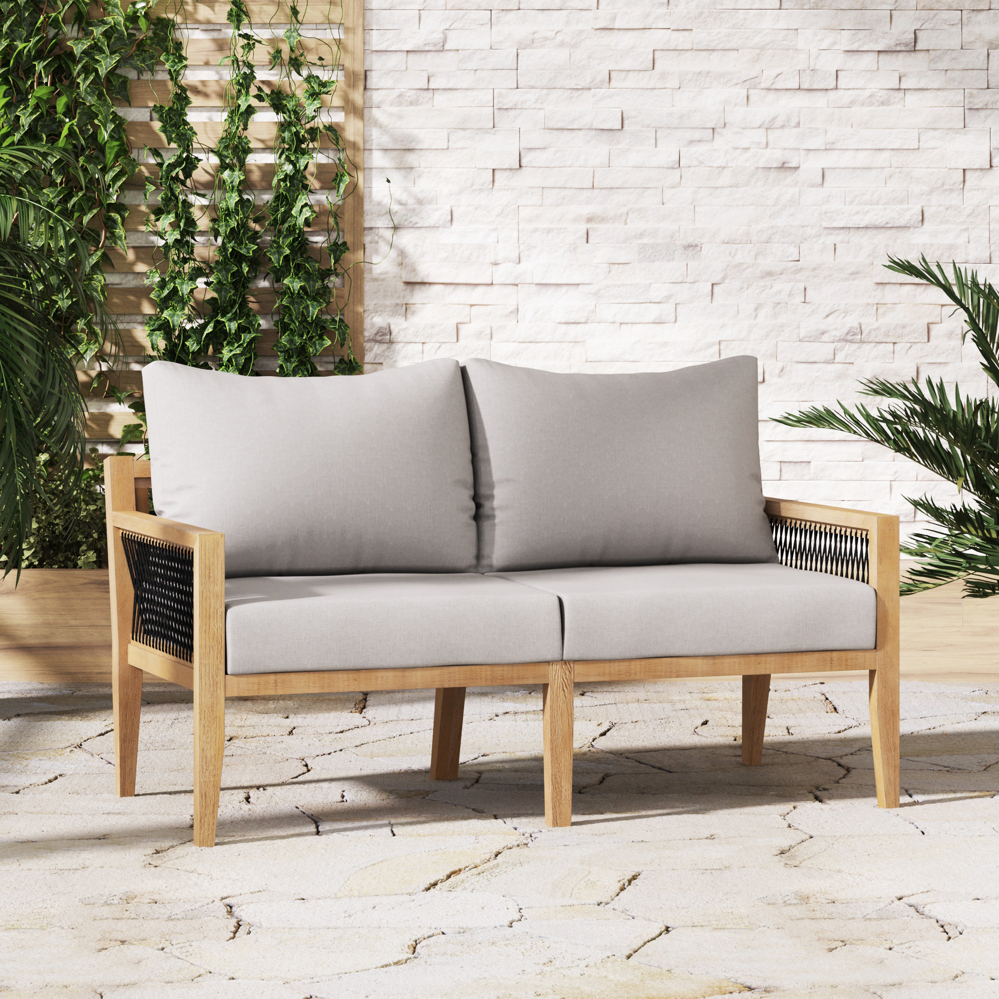 Outdoor Solid Wood Patio Loveseat Gray Acacia