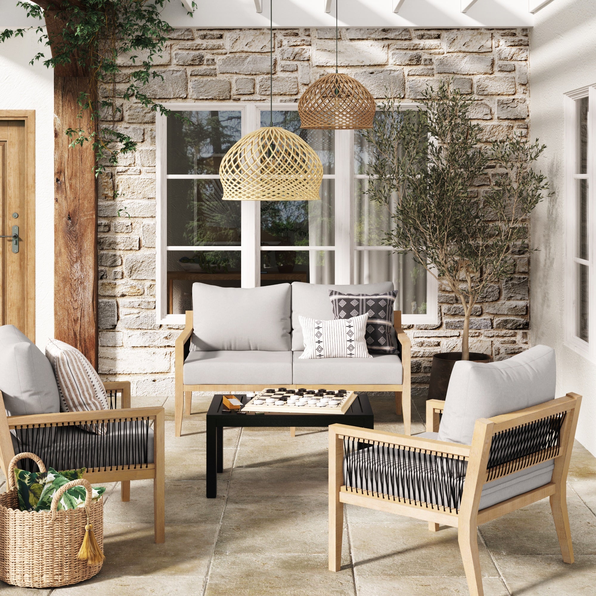 Outdoor 3 Piece Wood Patio Set Acacia Loveseat and Chairs