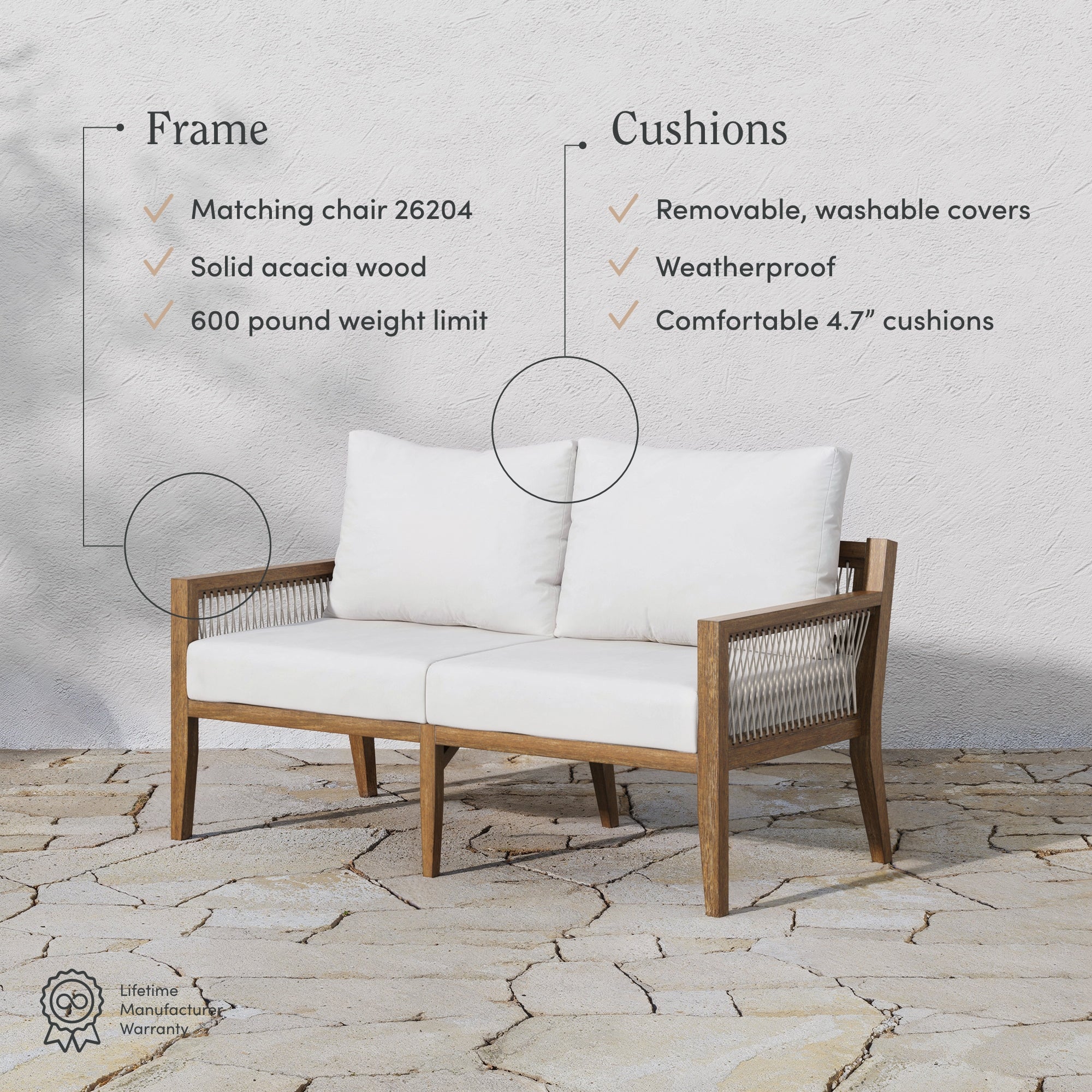Outdoor Wood Patio Loveseat White Light Brown