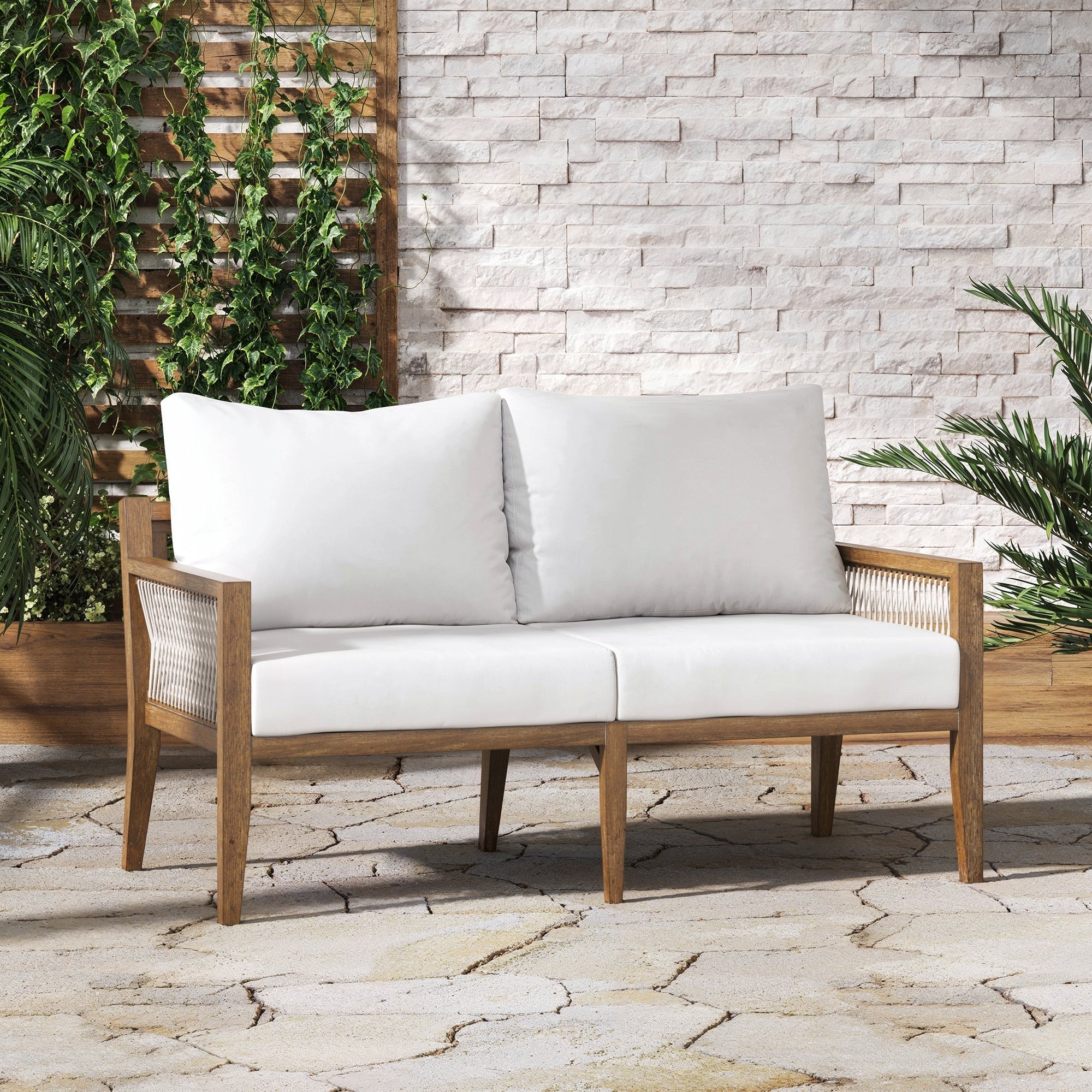Outdoor Wood Patio Loveseat White Light Brown
