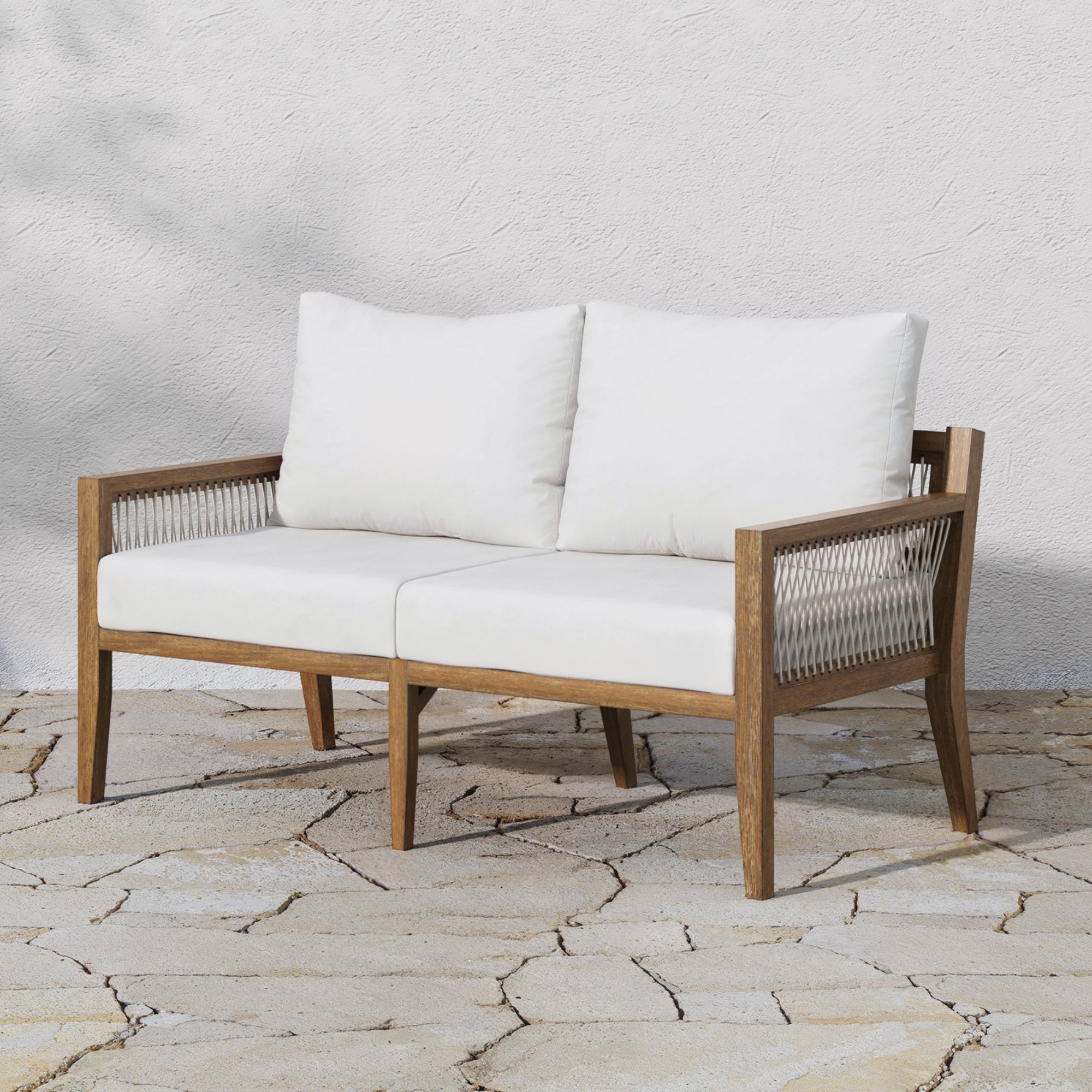 Outdoor Wood Patio Loveseat White Light Brown