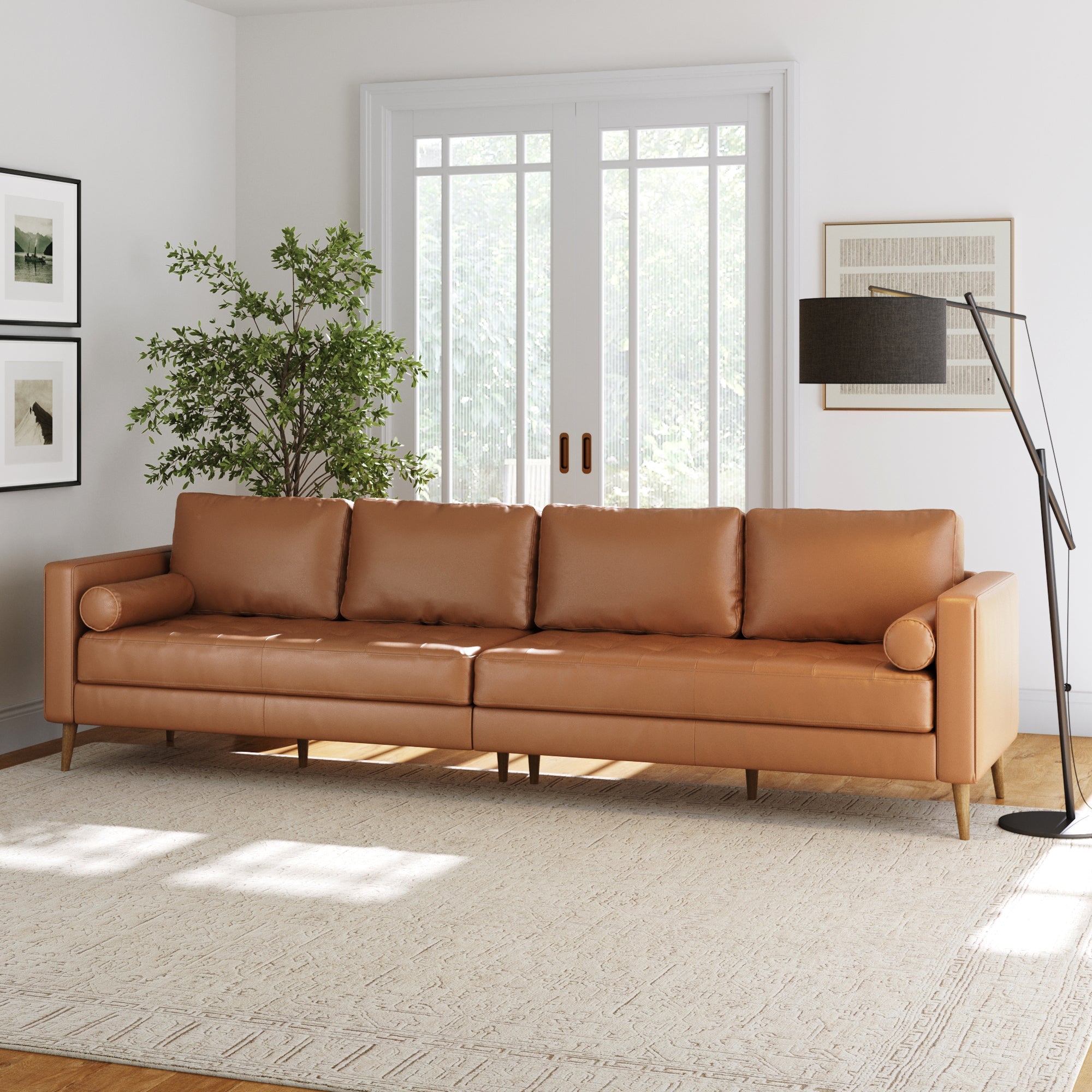 Mid-Century Tufted Leather 4-Seat Sofa with Bench Seats Camel