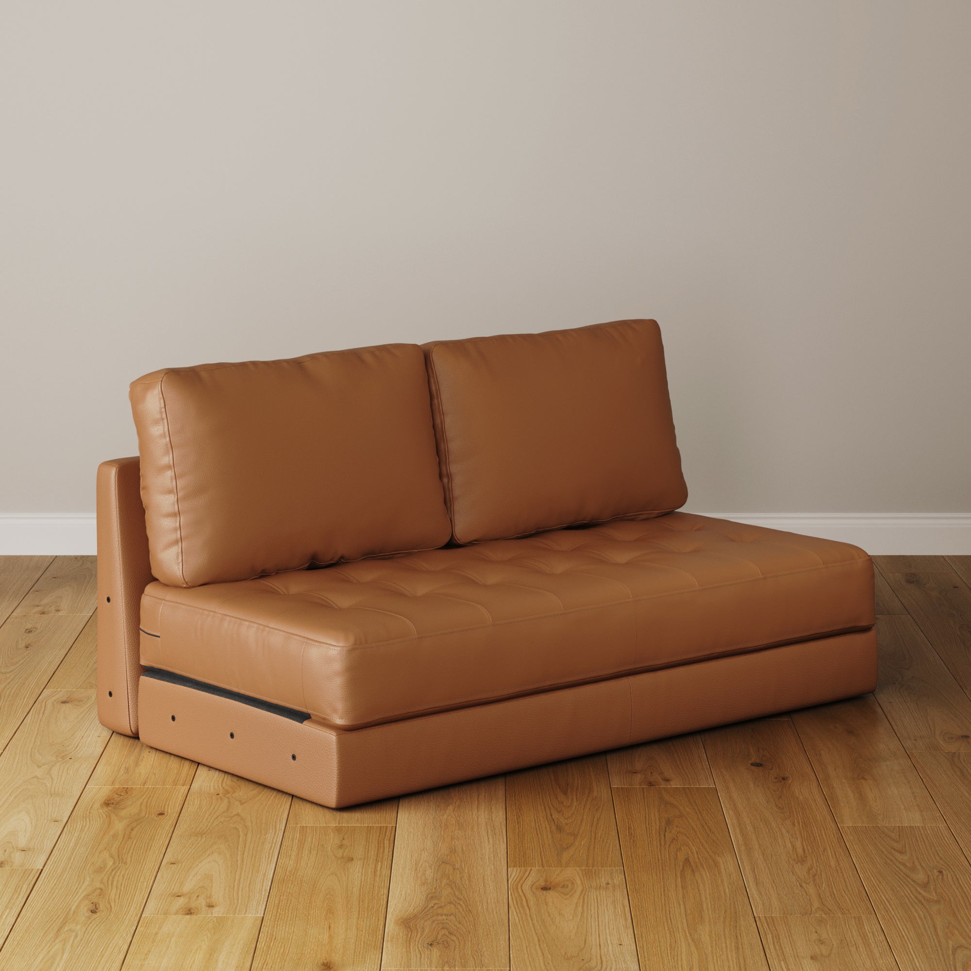 Mid-Century Tufted Leather Sofa Bench Seat Camel (Modular Sofa Part)