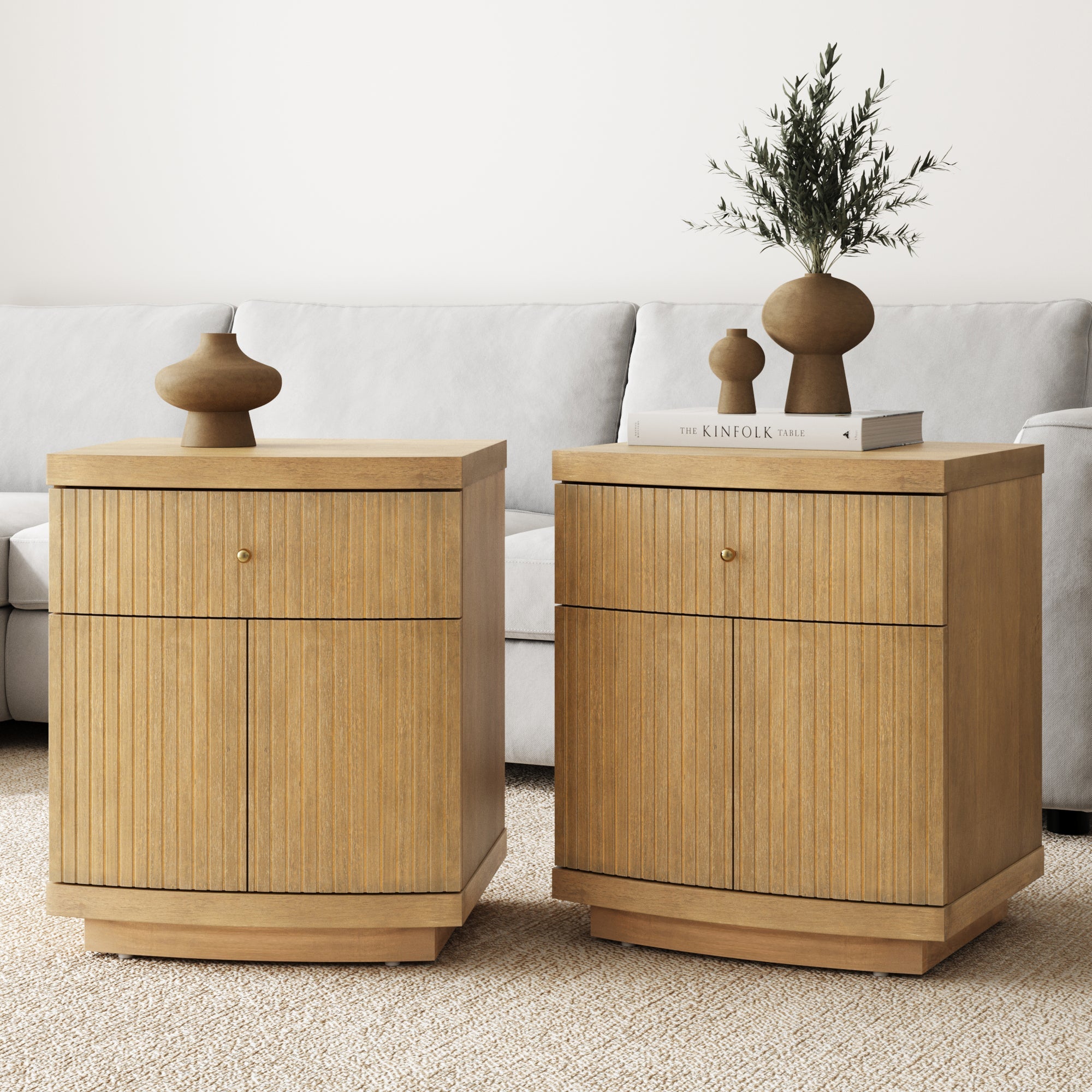 Fluted Nightstand with Drawer and Cabinet Storage Light Brown (Set of 2)