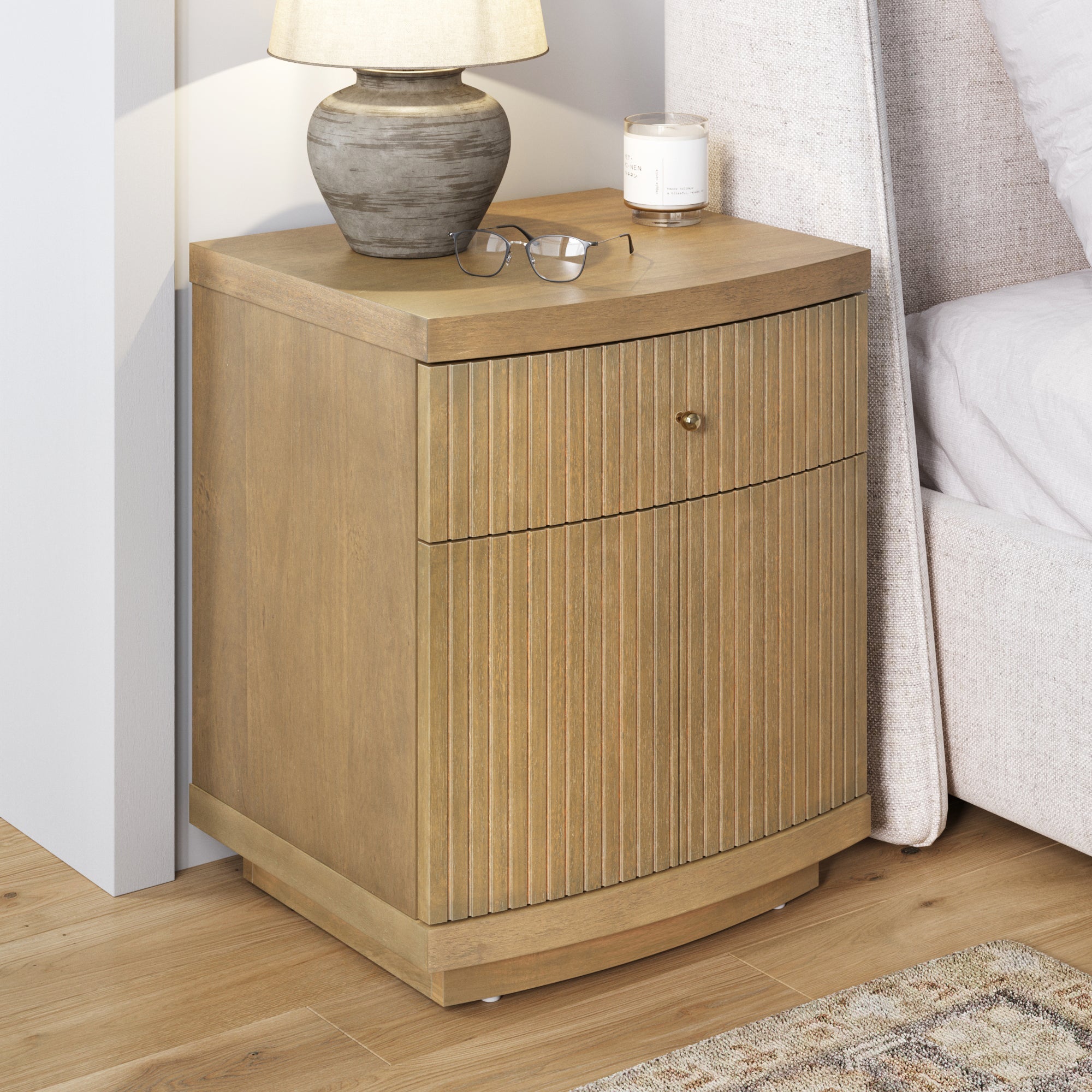 Fluted Nightstand with Drawer and Cabinet Storage Light Brown