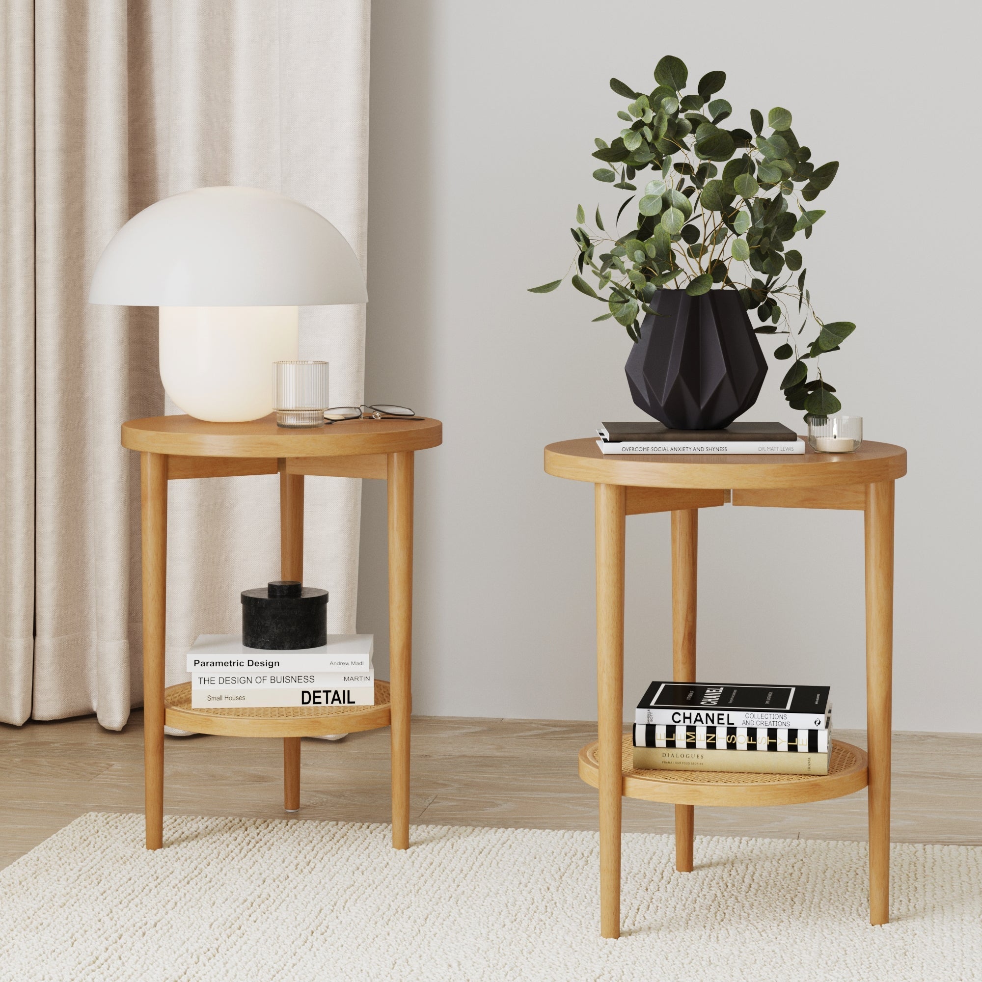 Wood & Rattan Round End Tables Warm Pine (Set of 2)