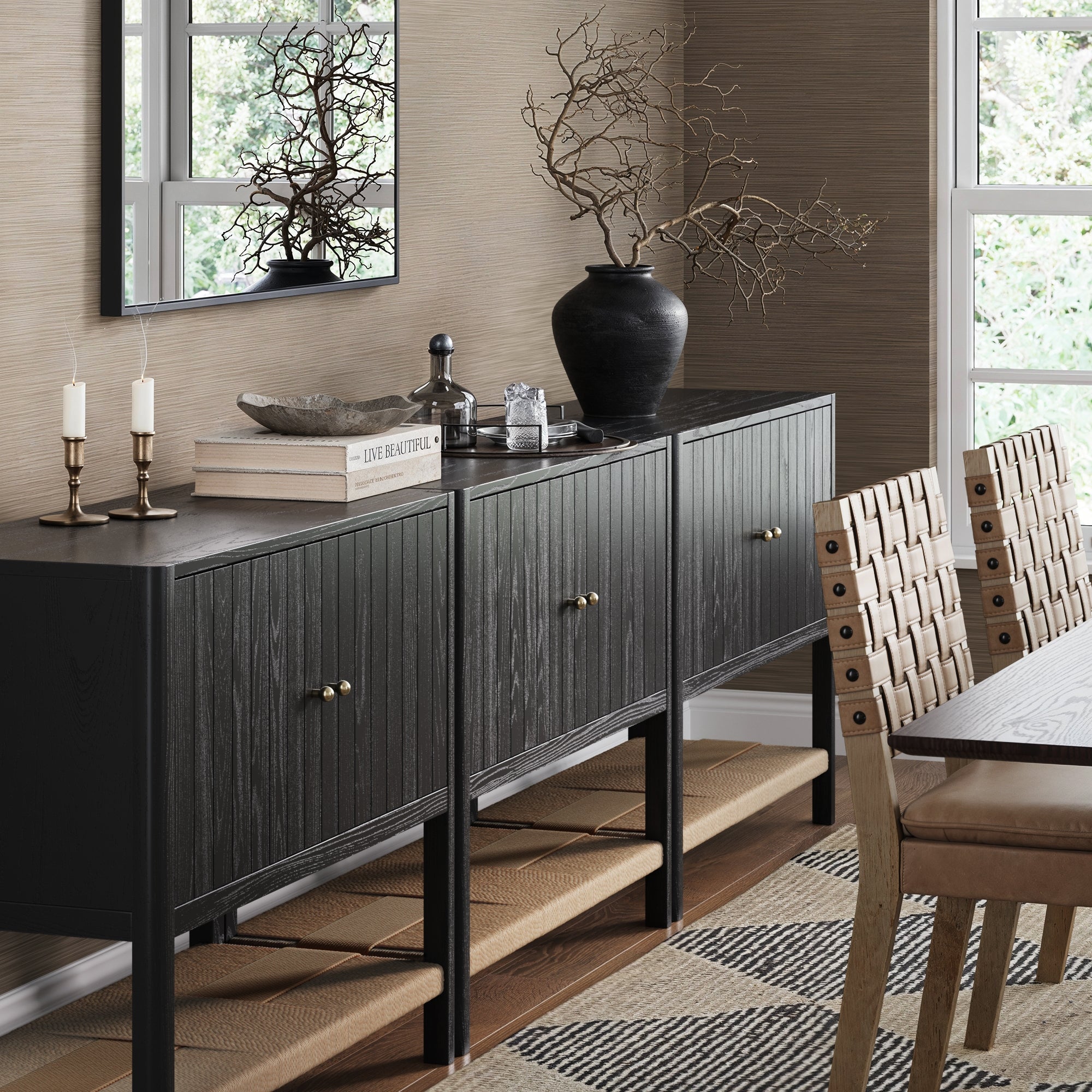 Grooved Door TV Stand or Storage Cabinet Black Oak (Set of 3)