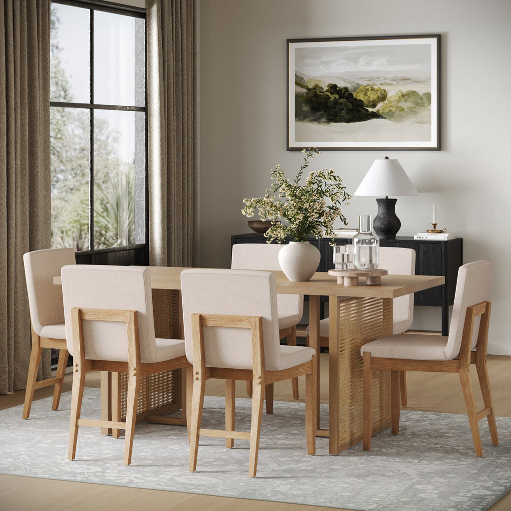 Rattan Boho Dining Set w/ Upholstered Dining Chairs (Set of 6)