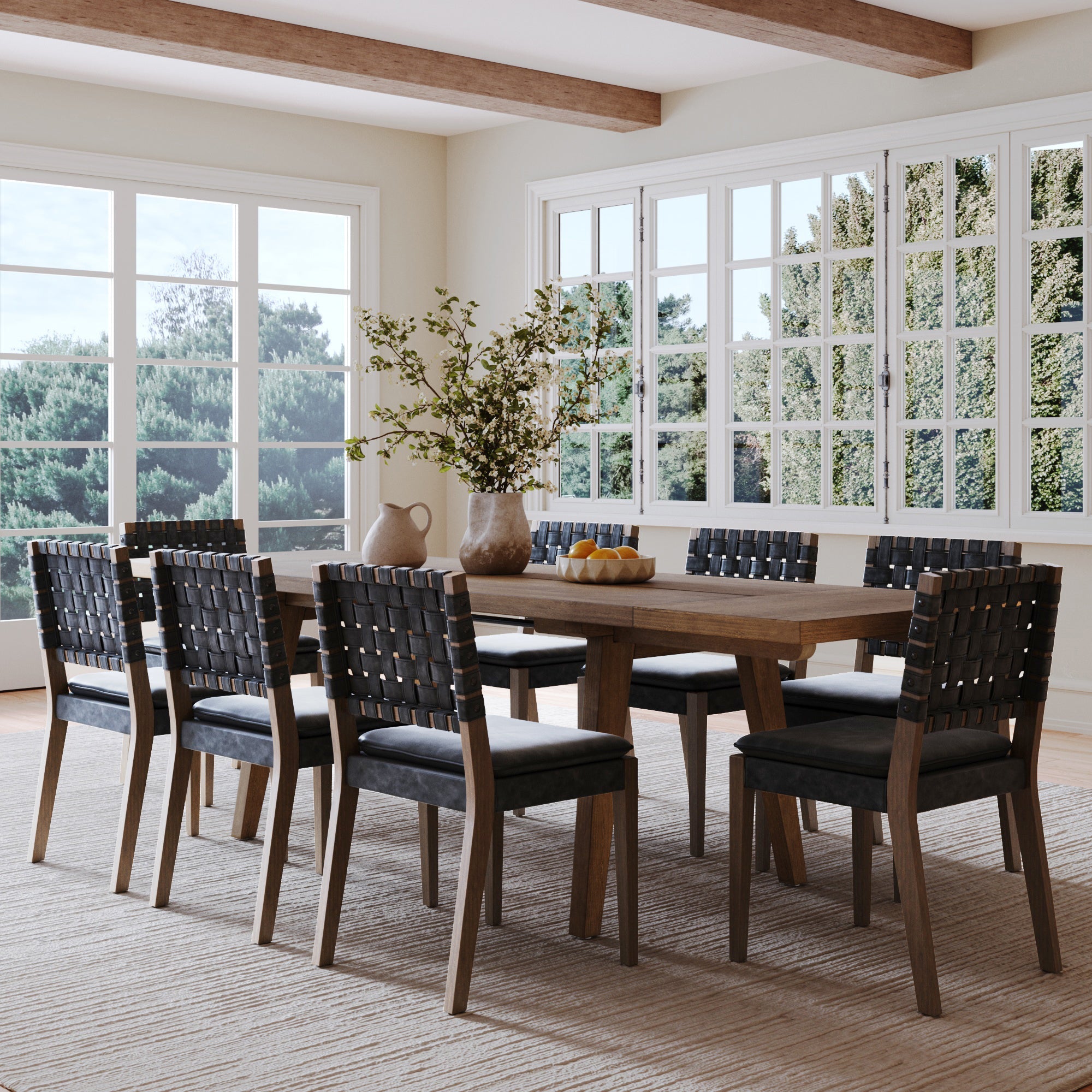 Extendable Dining Set with Black Dining Chairs Set of 8