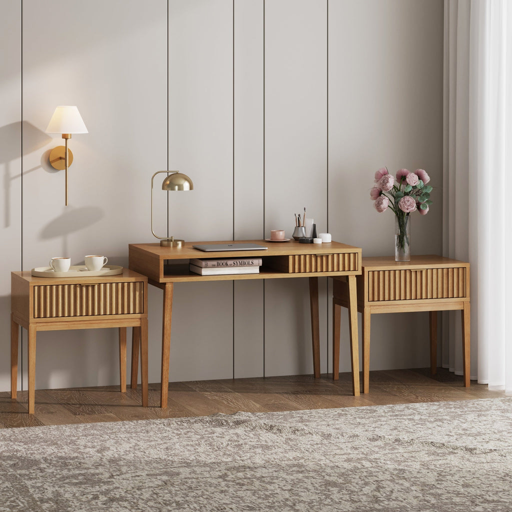 Solid Wood Fluted Desk & 2 Nightstands Bedroom Vanity Set