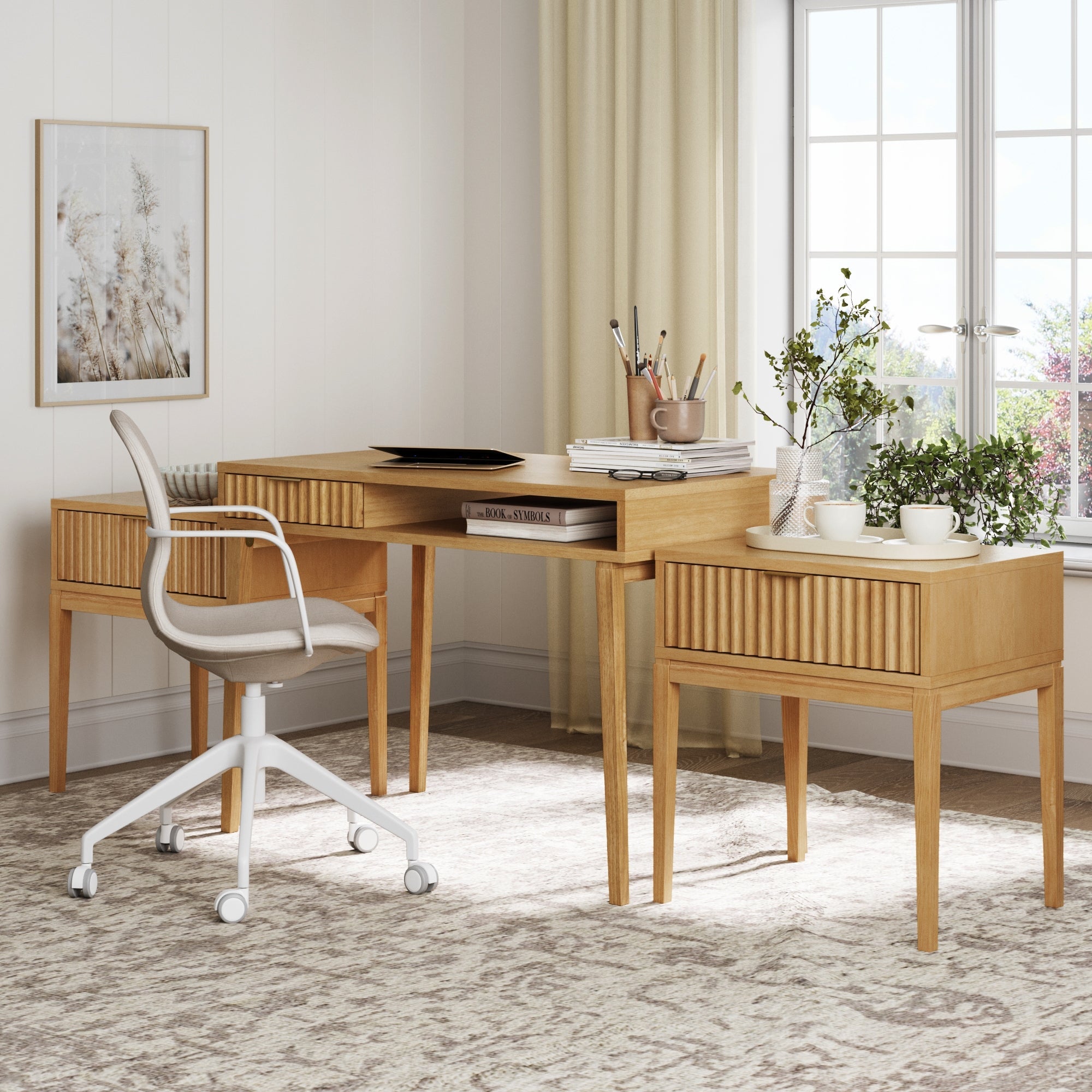 Solid Wood Fluted Desk & 2 Nightstands Bedroom Vanity Set