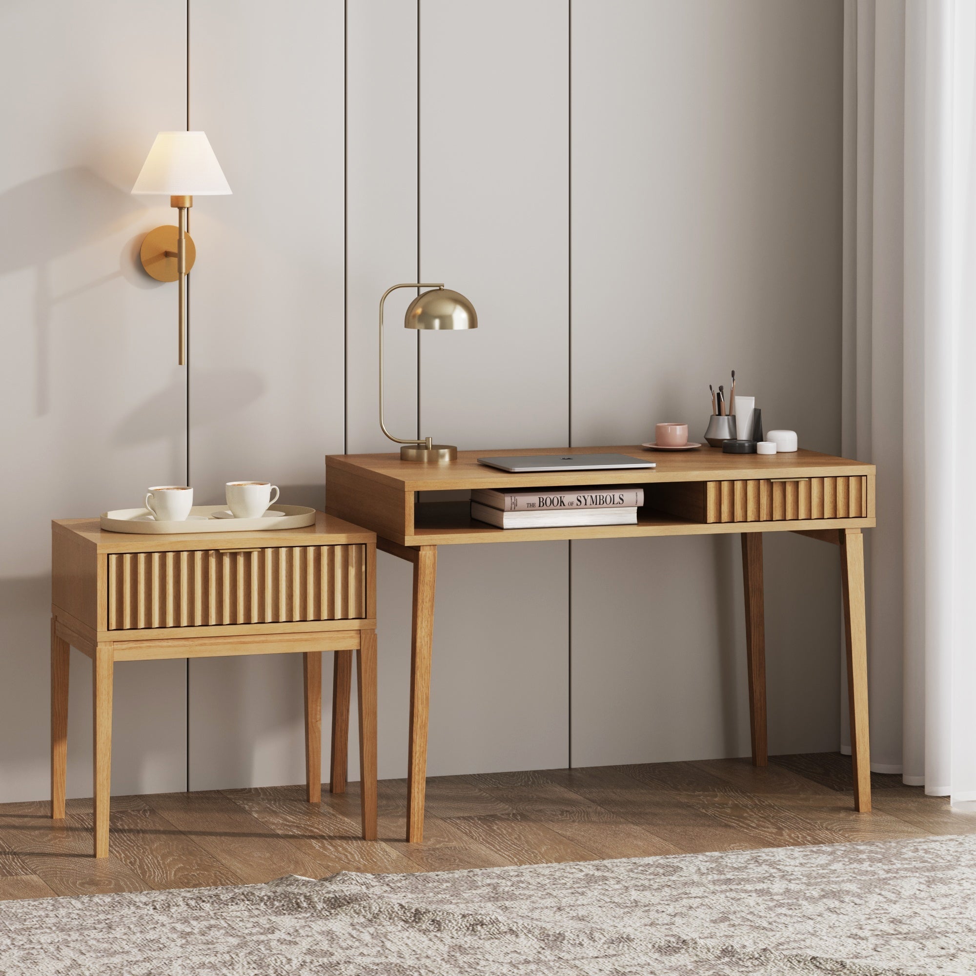 Solid Wood Fluted Desk & Nightstand Bedroom Vanity Set