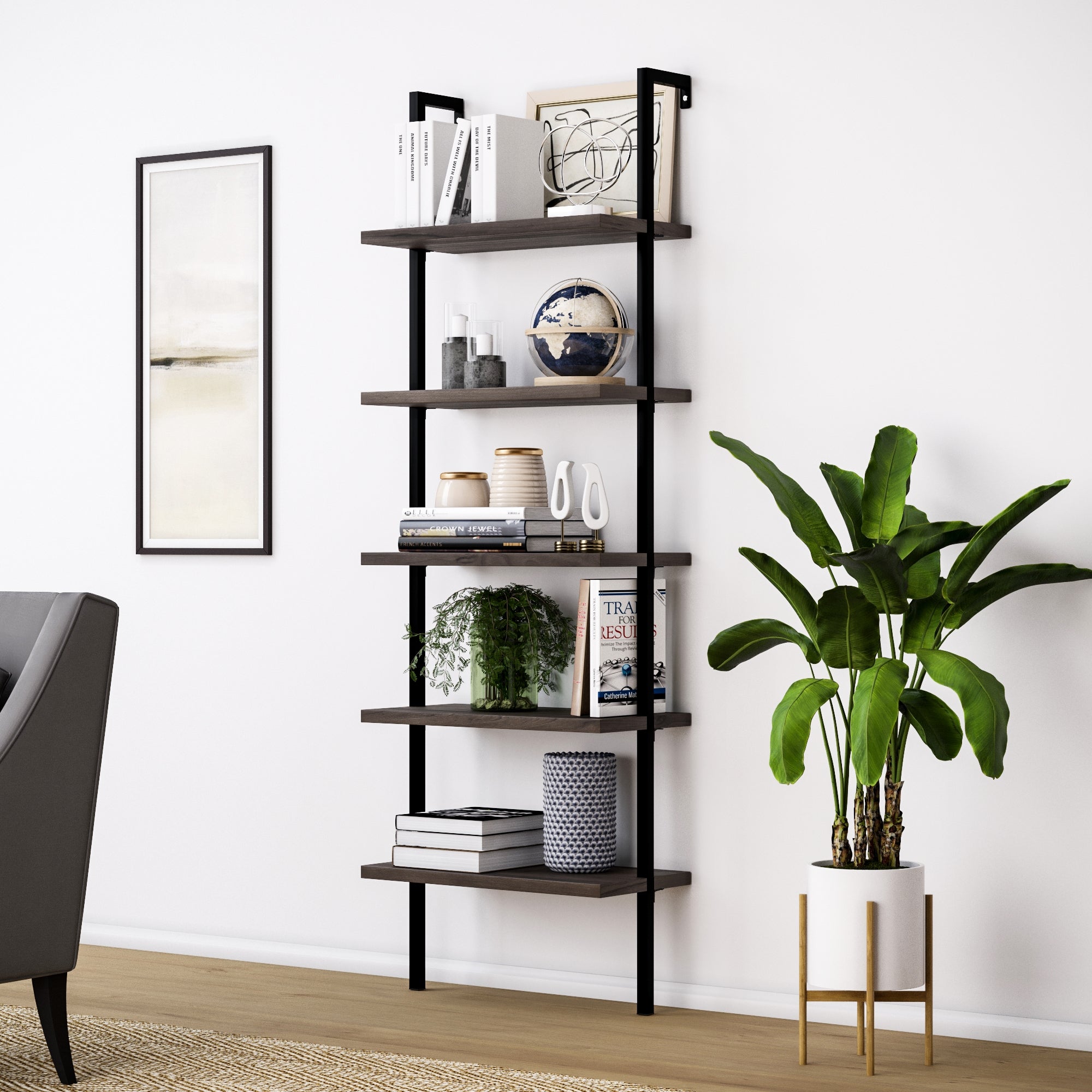 5-Shelf Ladder Bookshelf Nutmeg Matte Black