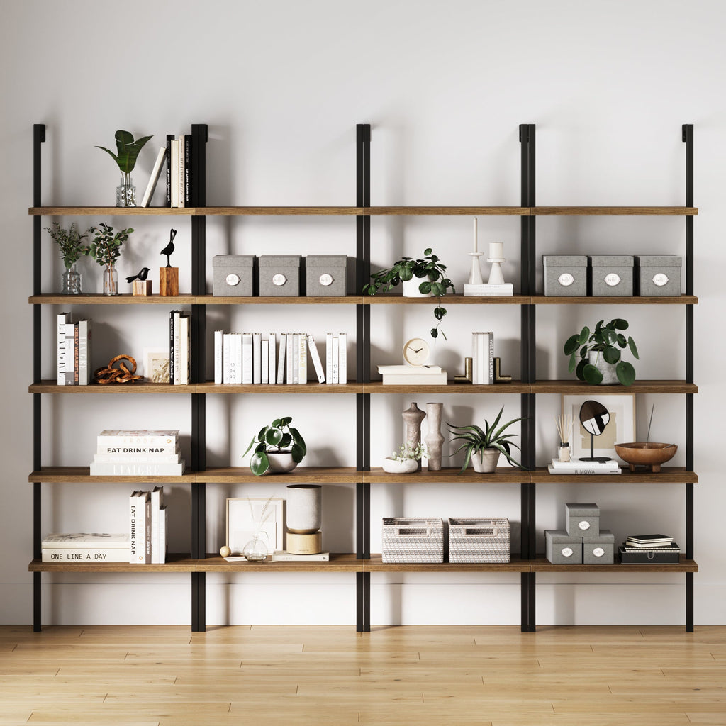 5-Shelf Ladder Bookshelf Oak Matte Black (Set of 4)