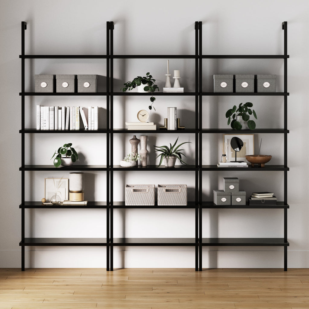 6-Shelf Wall Mount Bookshelf Black (Set of 3)