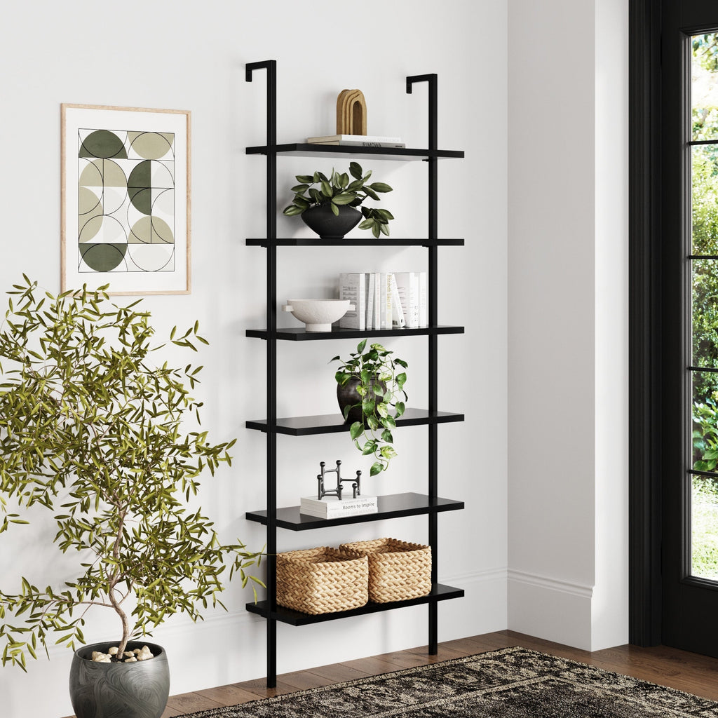 6-Shelf Ladder Bookshelf Black
