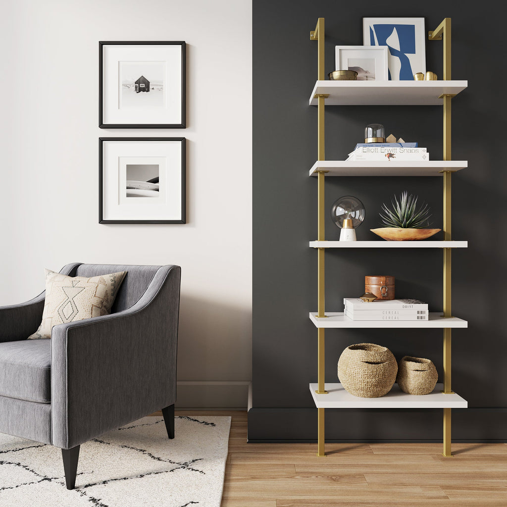 5-Shelf Ladder Bookshelf White Gold