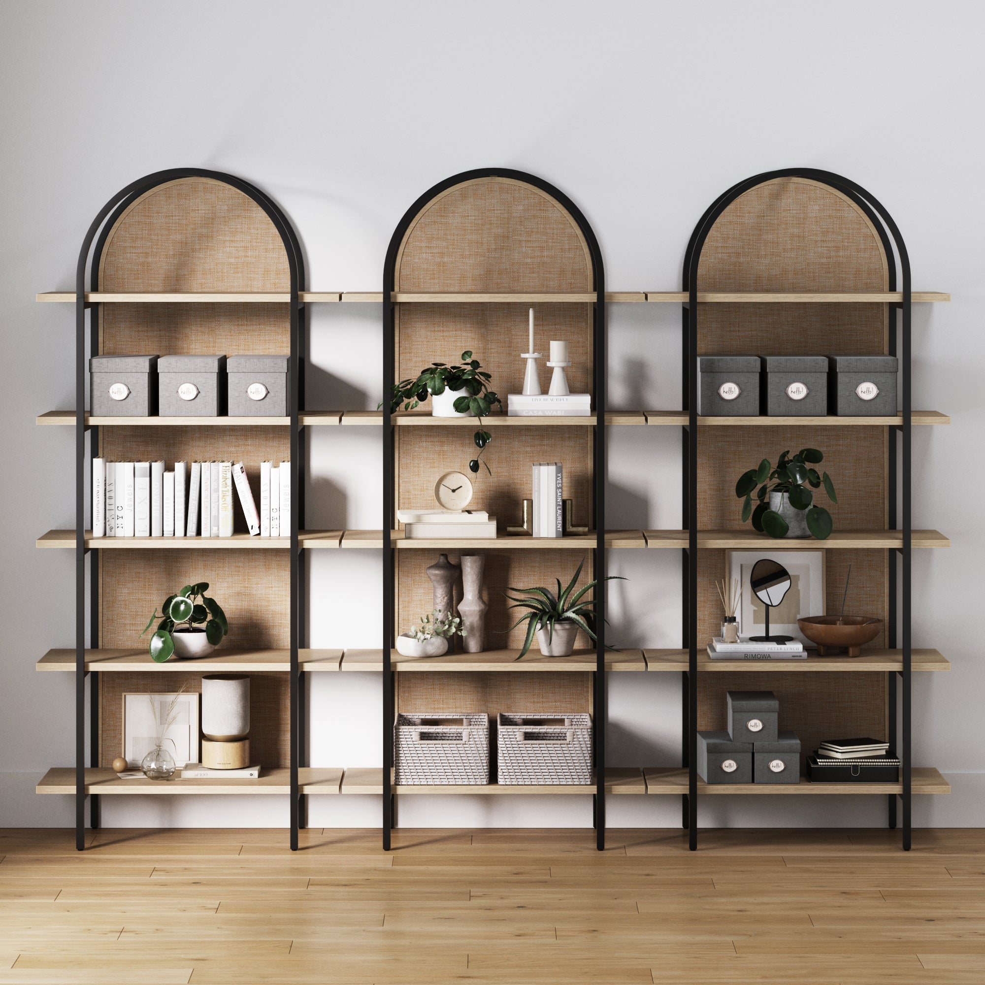 Boho Rattan & Wood Arched Bookshelves (Set of 3)