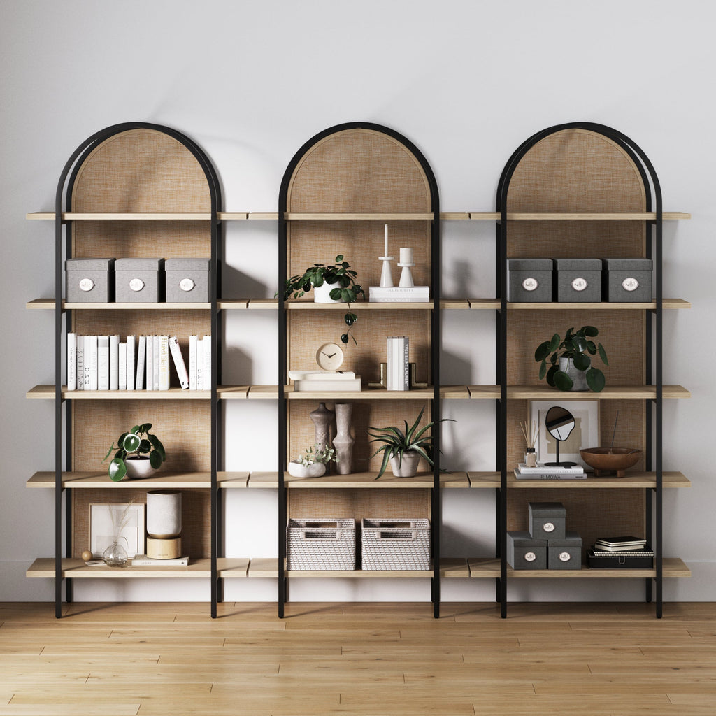 Boho Rattan & Wood Arched Bookshelves (Set of 3)