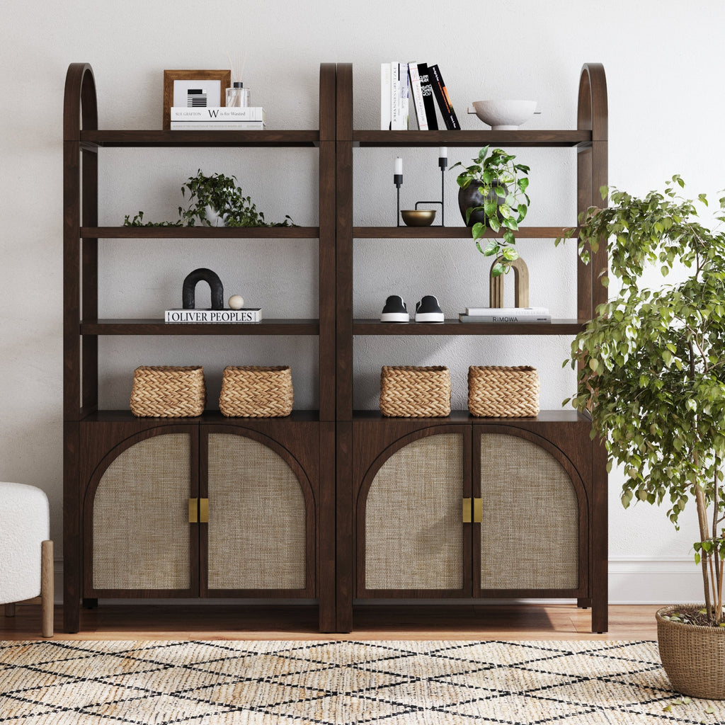 Arched Door Rattan Bookshelf with Doors Dark Acacia (Set of 2)