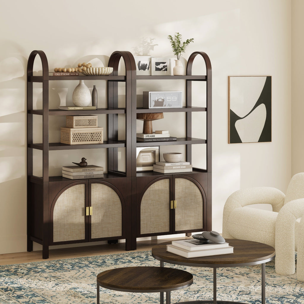 Arched Door Rattan Bookshelf with Doors Dark Acacia (Set of 2)
