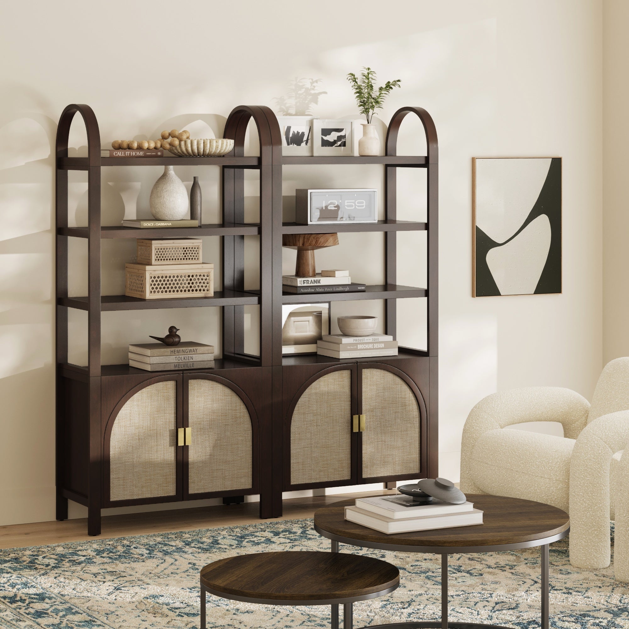 Arched Door Rattan Bookshelf with Doors Dark Acacia (Set of 2)