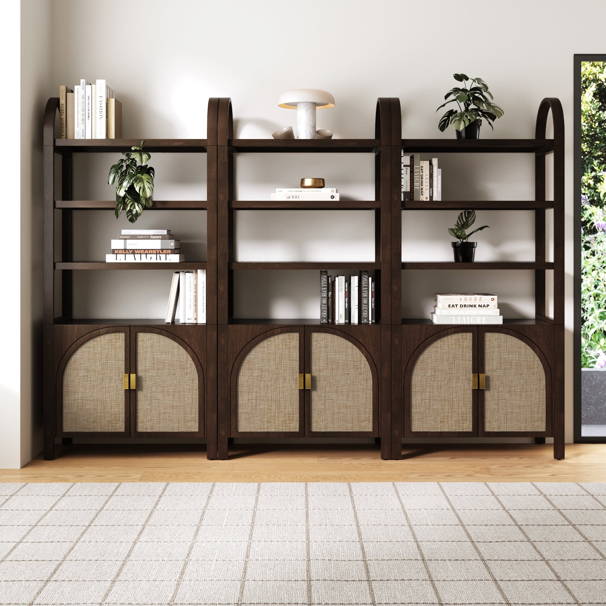 Arched Door Rattan Bookshelf with Doors Dark Acacia (Set of 3)