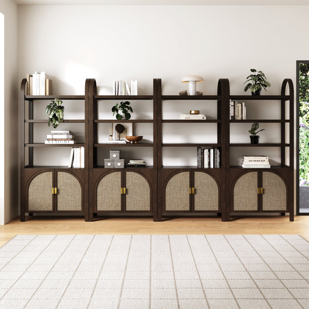 Arched Door Rattan Bookshelf with Doors Dark Acacia (Set of 4)