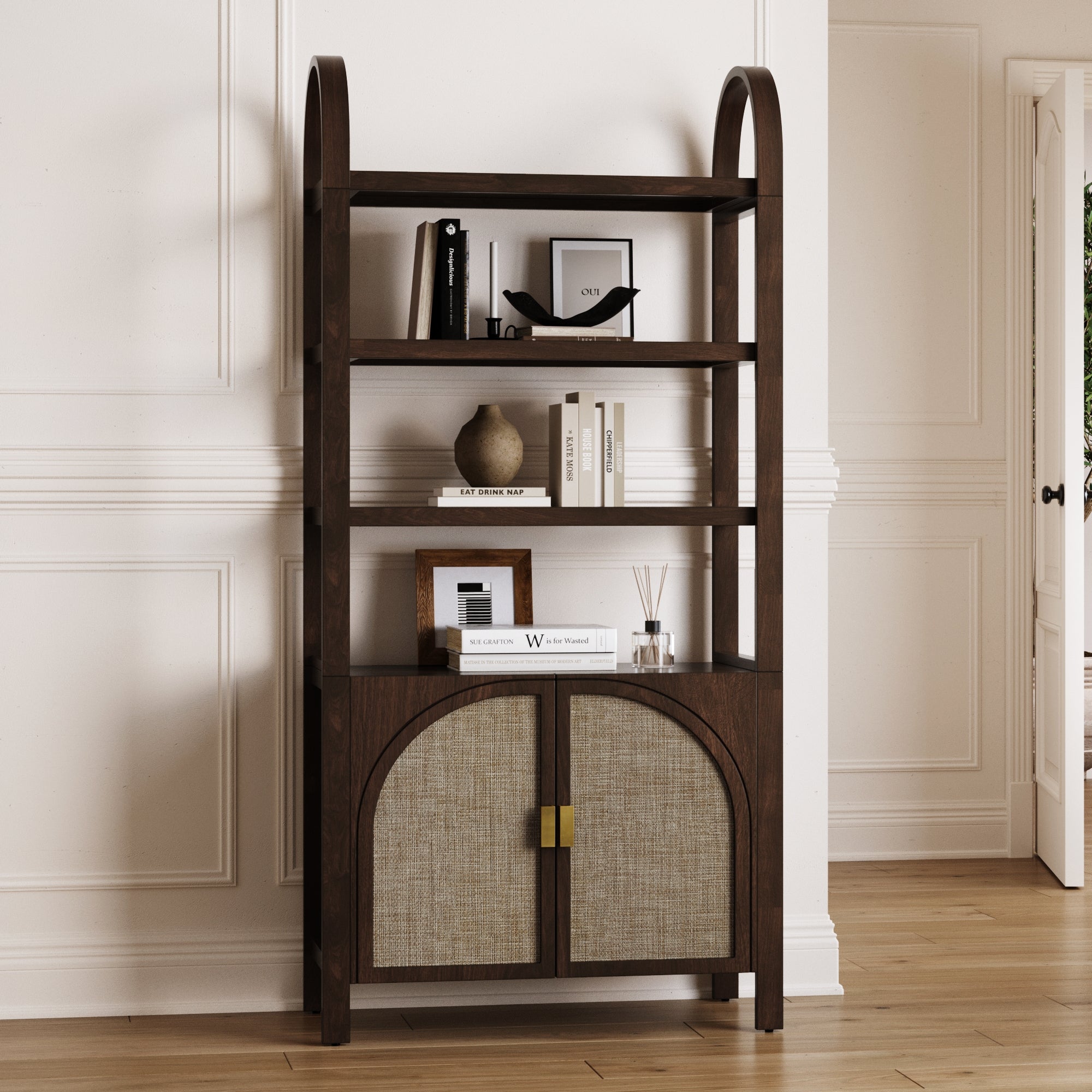 Arched Door Rattan Bookshelf with Doors Dark Acacia