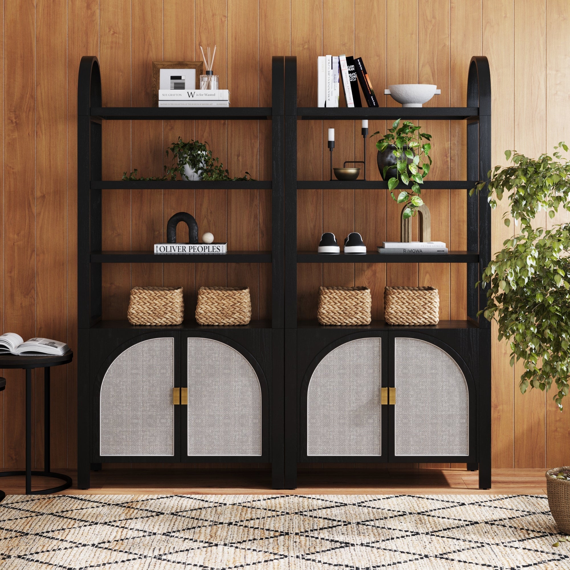 Arched Door Rattan Bookshelf with Doors Black Oak Set of 2