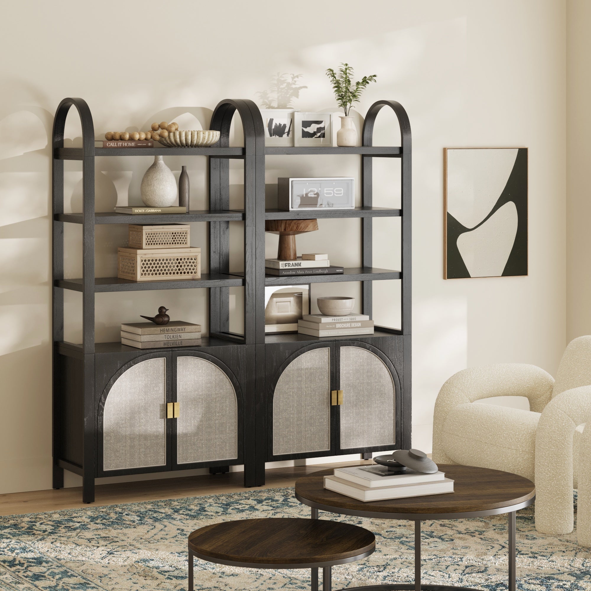 Arched Door Rattan Bookshelf with Doors Black Oak Set of 2