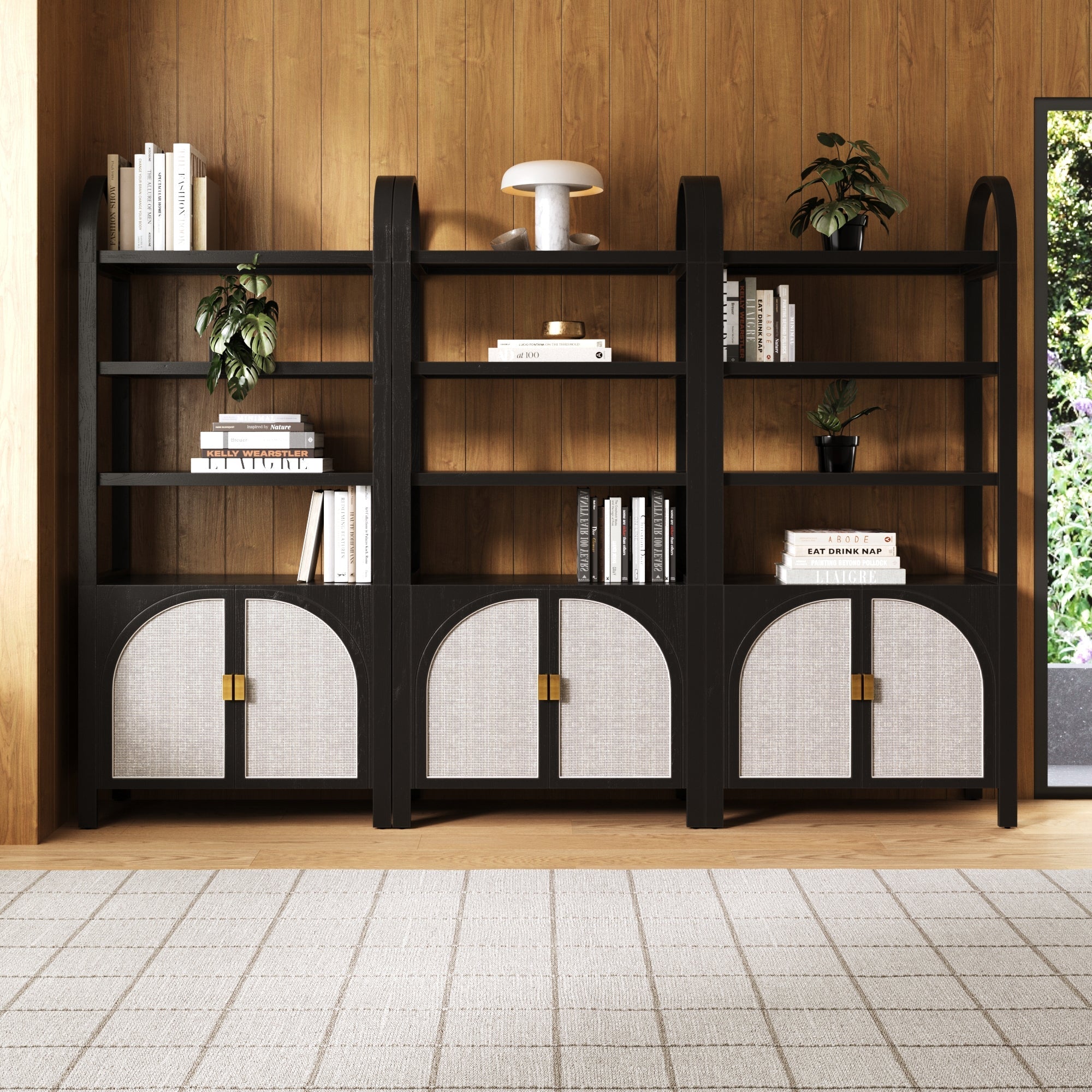 Arched Door Rattan Bookshelf with Doors Black Oak Set of 3