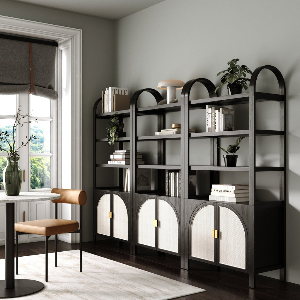 Arched Door Rattan Bookshelf with Doors Black Oak Set of 3
