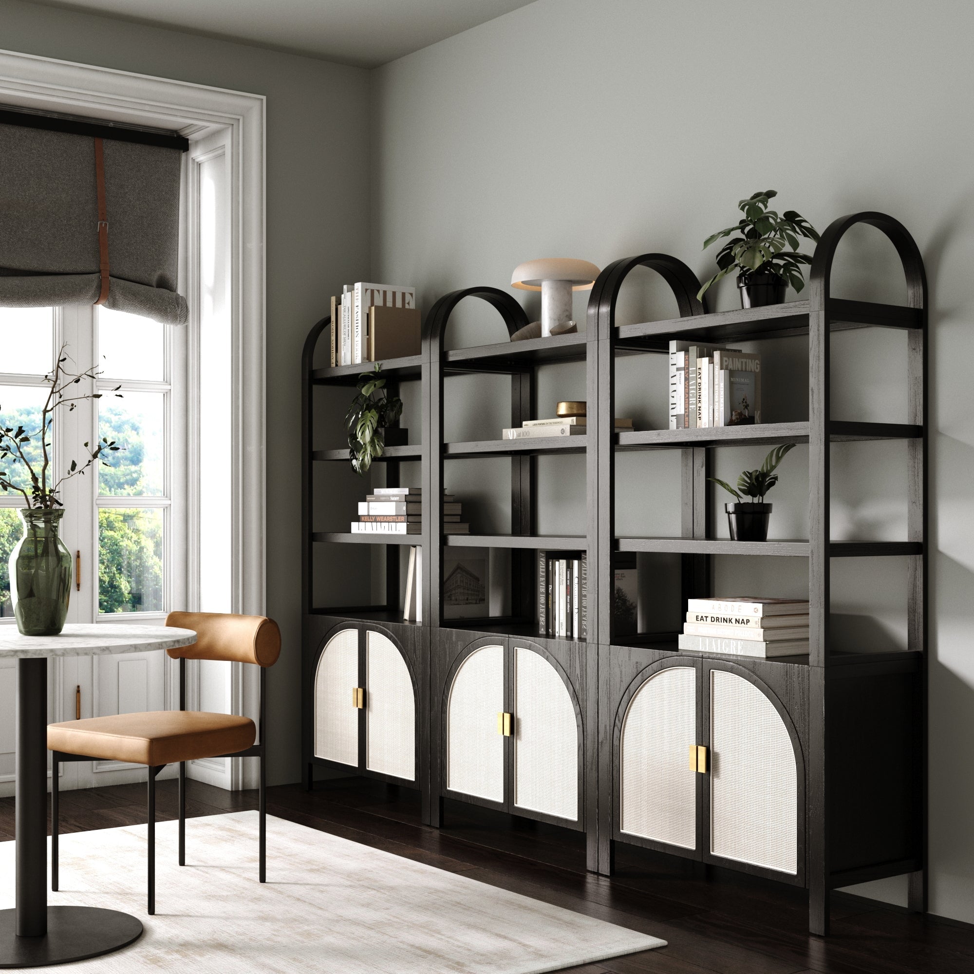 Arched Door Rattan Bookshelf with Doors Black Oak Set of 3