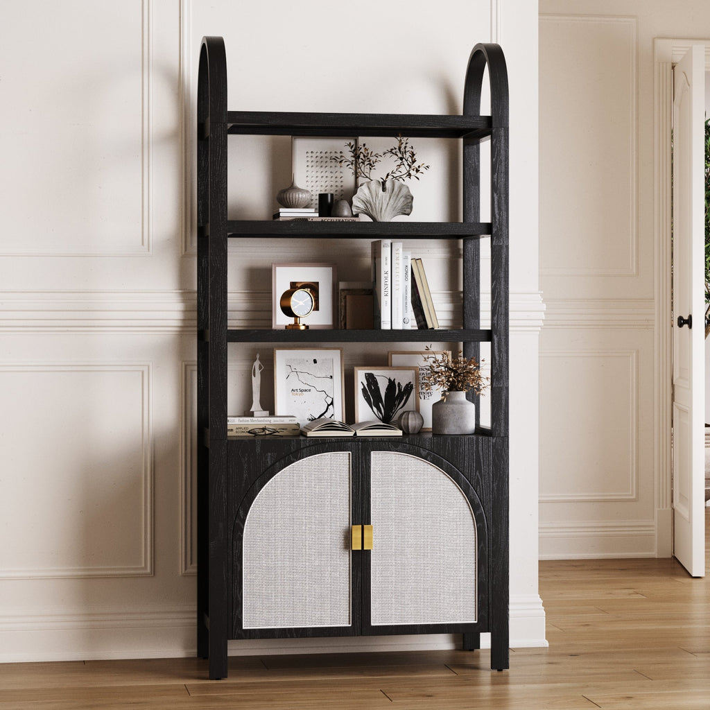 Arched Door Rattan Bookshelf with Doors Black Oak