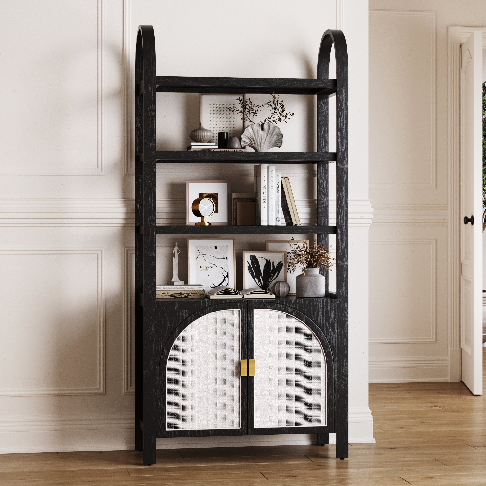 Arched Door Rattan Bookshelf with Doors Black Oak