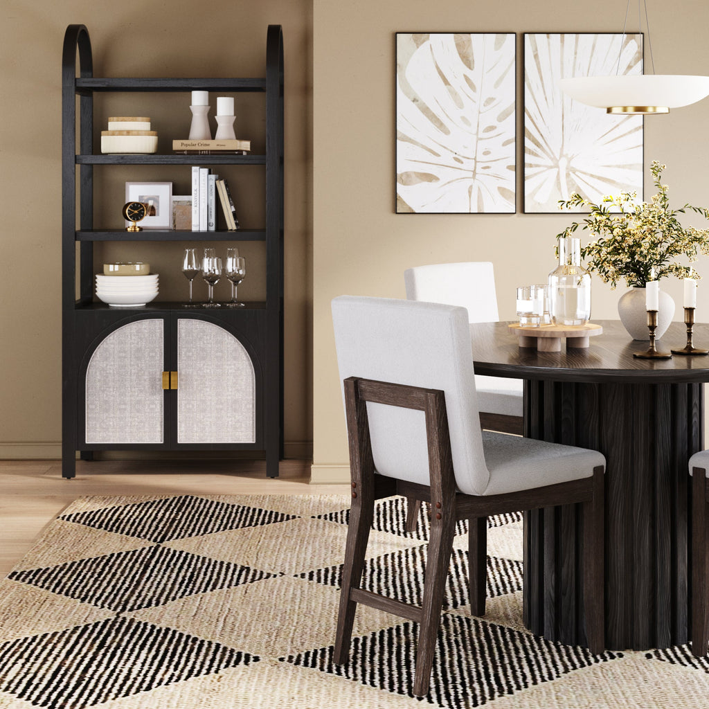 Arched Door Rattan Bookshelf with Doors Black Oak