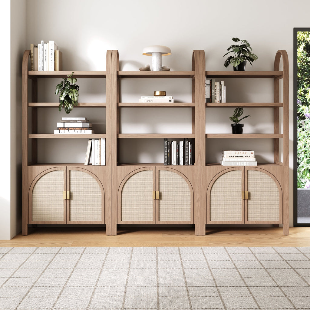 Arched Door Rattan Bookshelf with Doors Raw Oak (Set of 3)