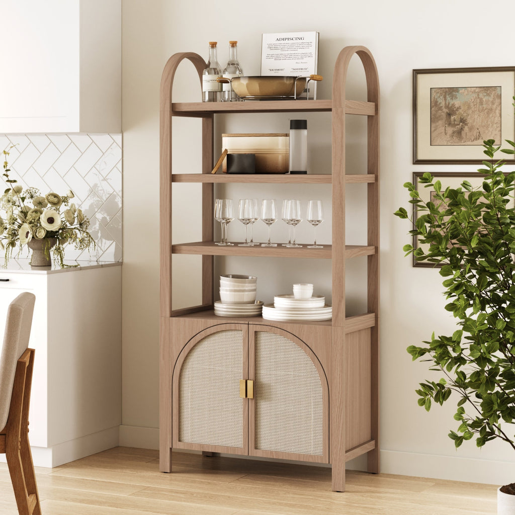 Arched Door Rattan Bookshelf with Doors Raw Oak