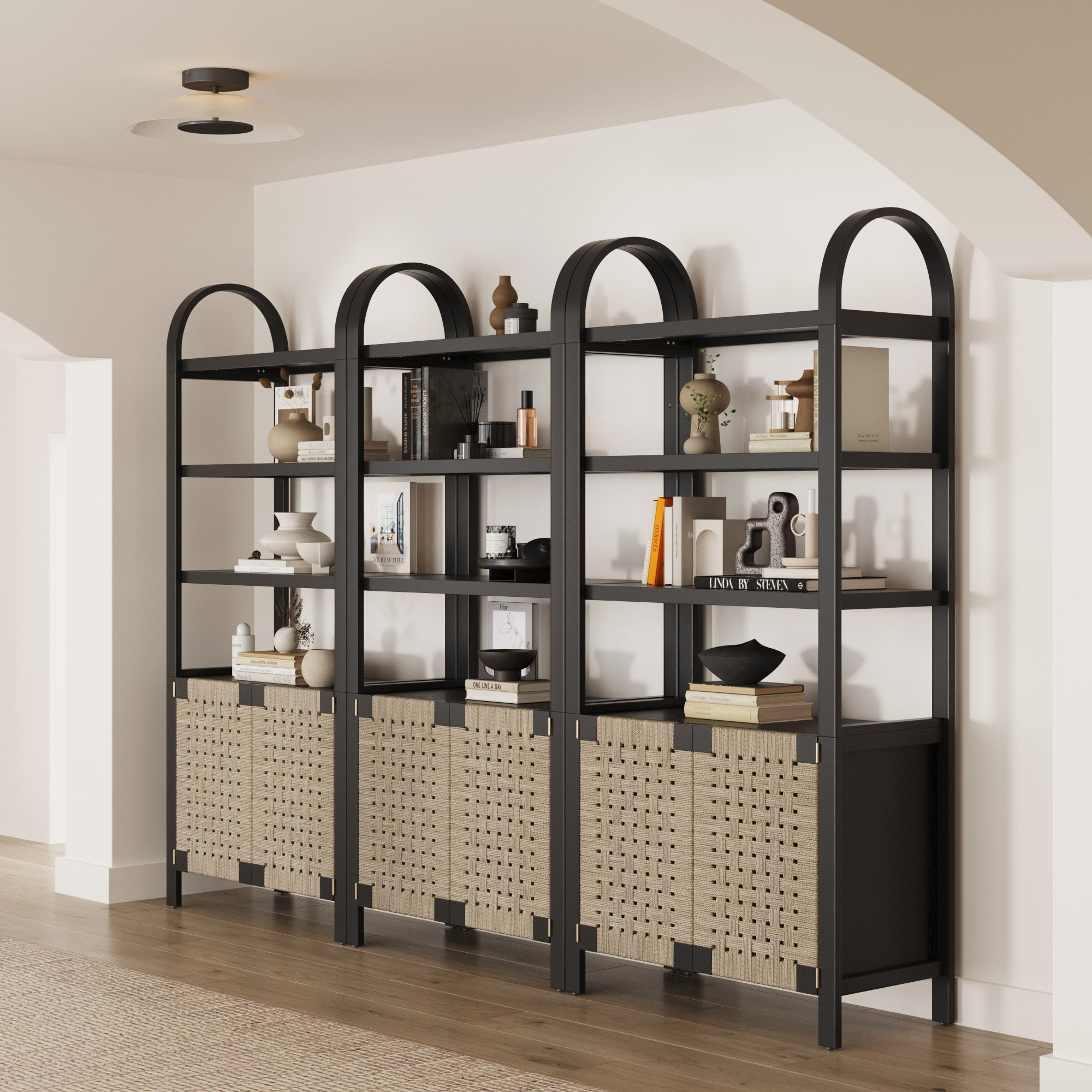 Boho Woven Seagrass Bookshelf Black (Set of 3)