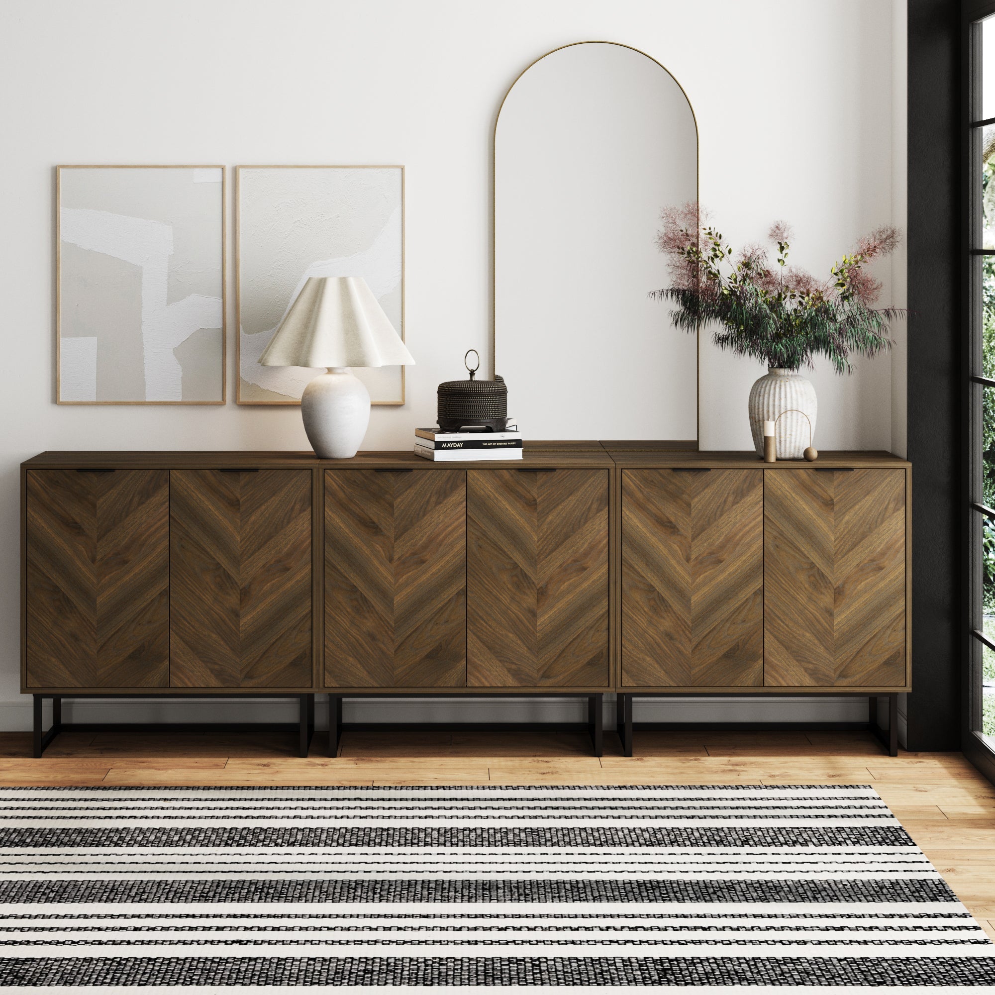 Herringbone TV Console Credenza Walnut (Set of 3)