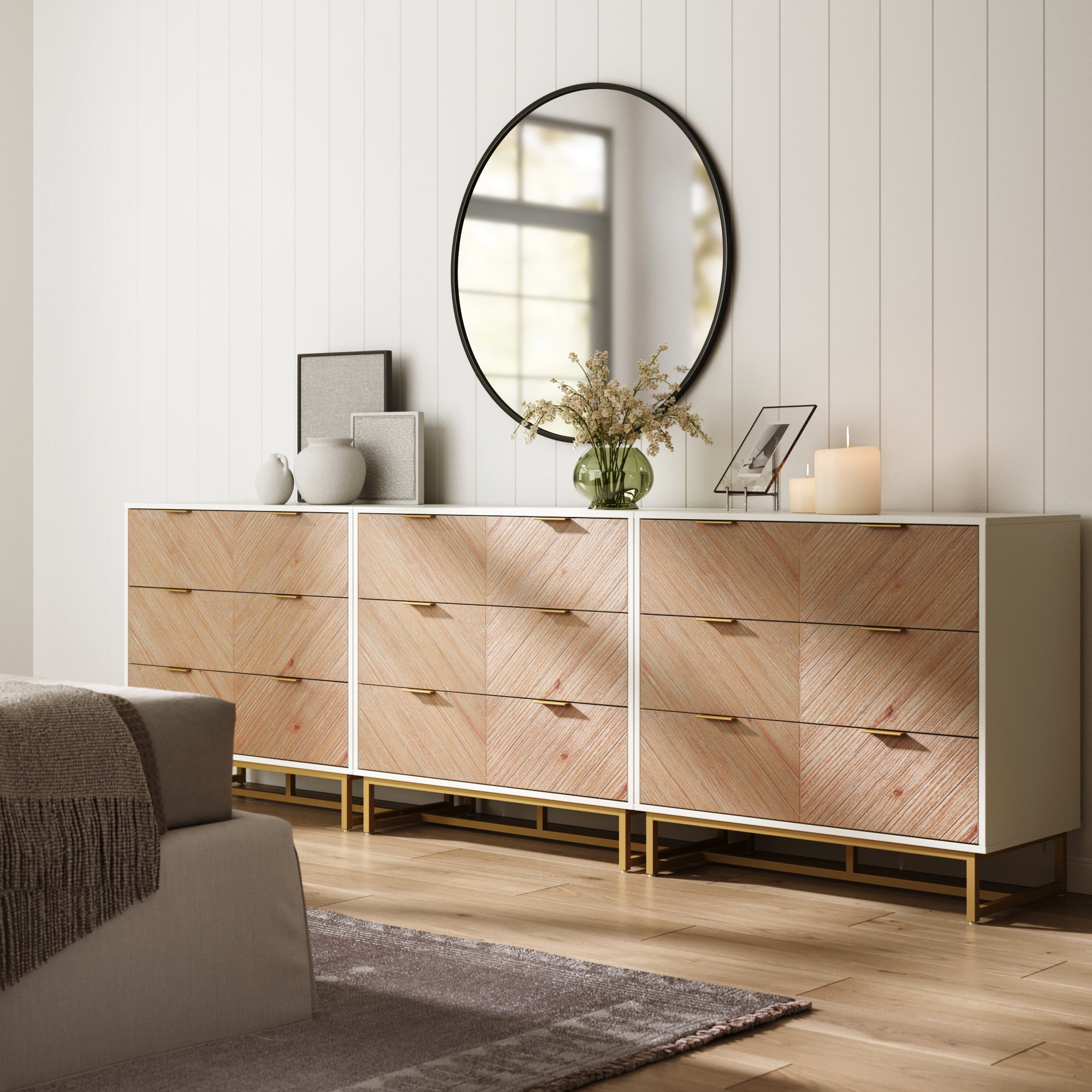 Boho Herringbone 3-Drawer Dresser White (Set of 3)