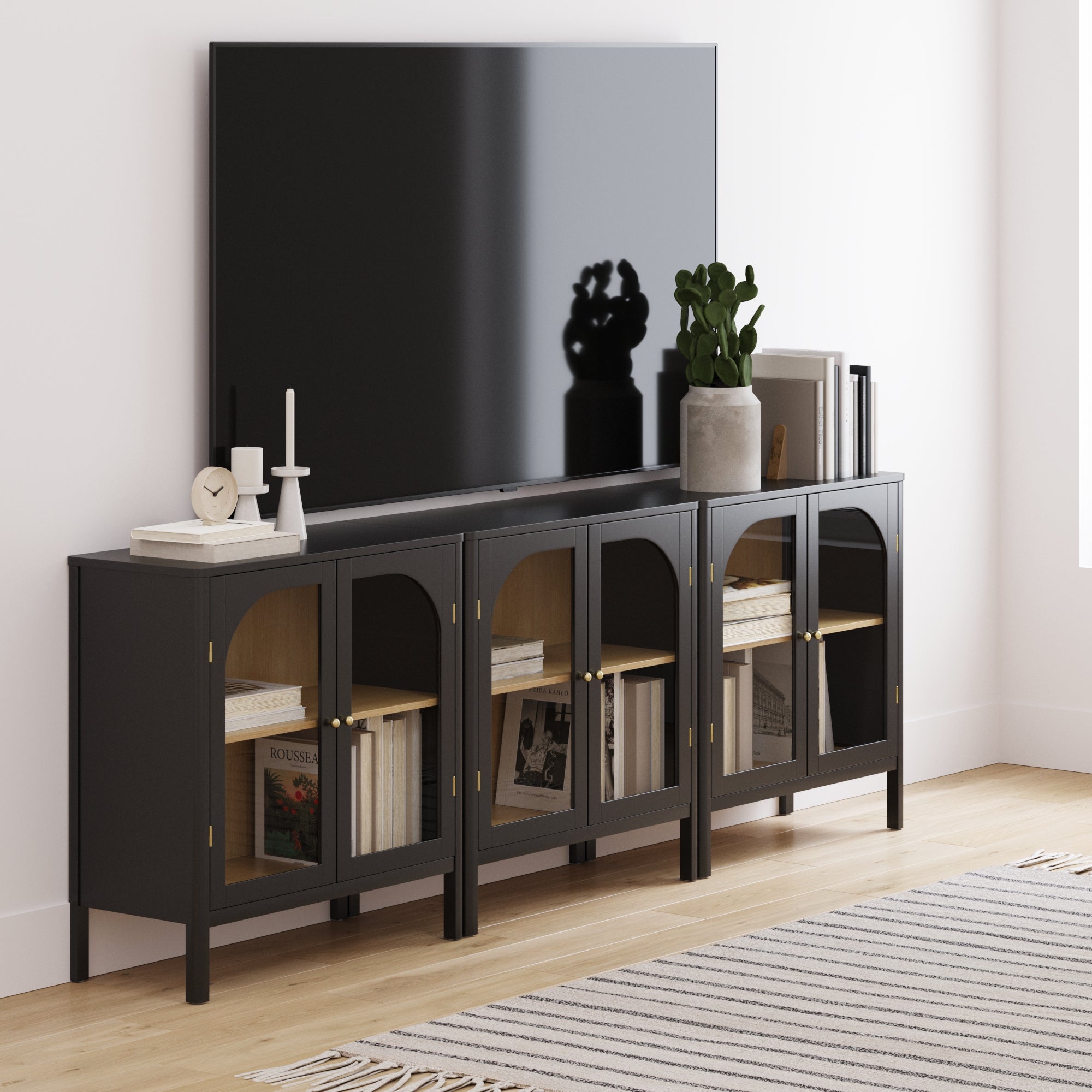 Curio Cabinet TV Stand Credenza with Glass Door Black (Set of 3)