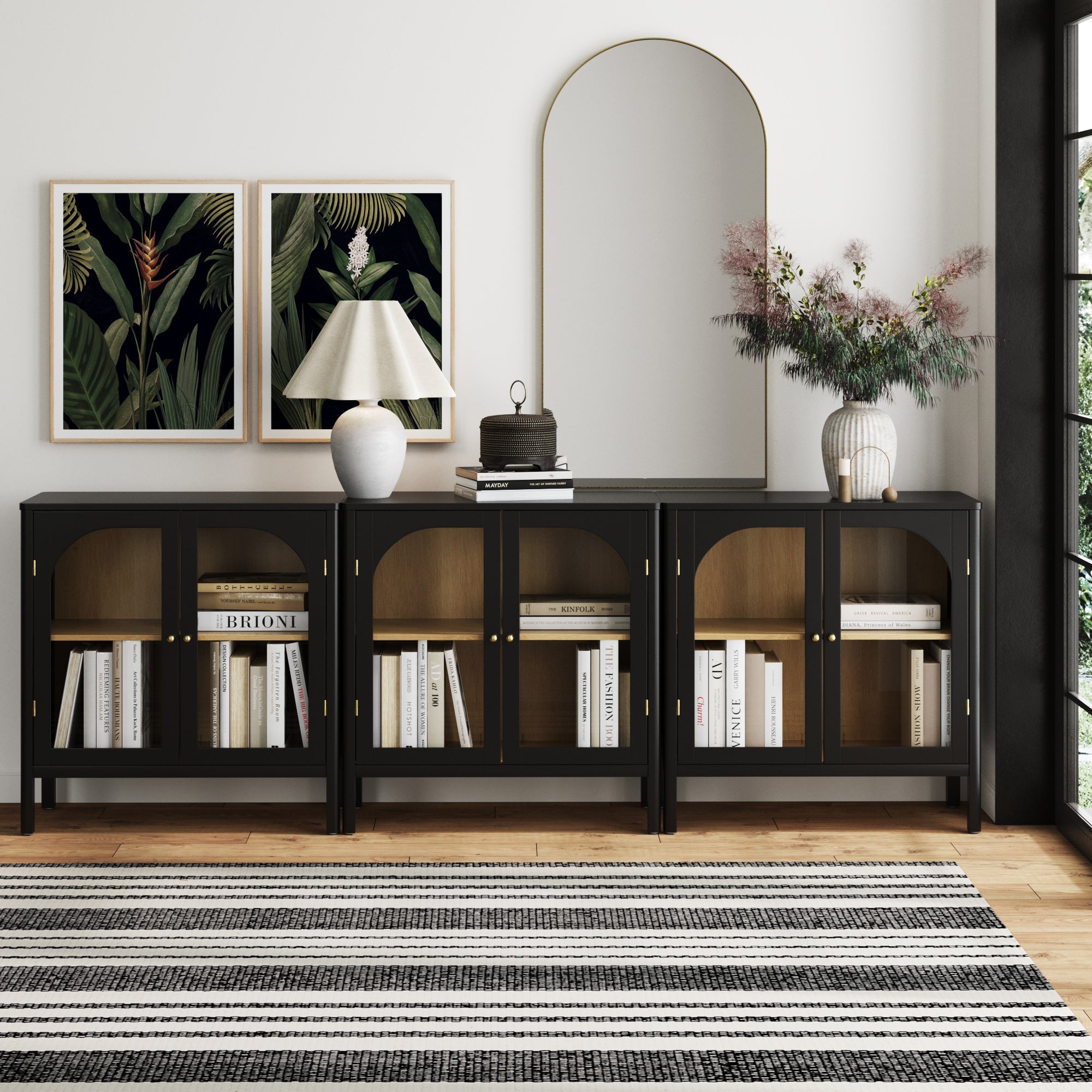 Curio Cabinet TV Stand Credenza with Glass Door Black (Set of 3)