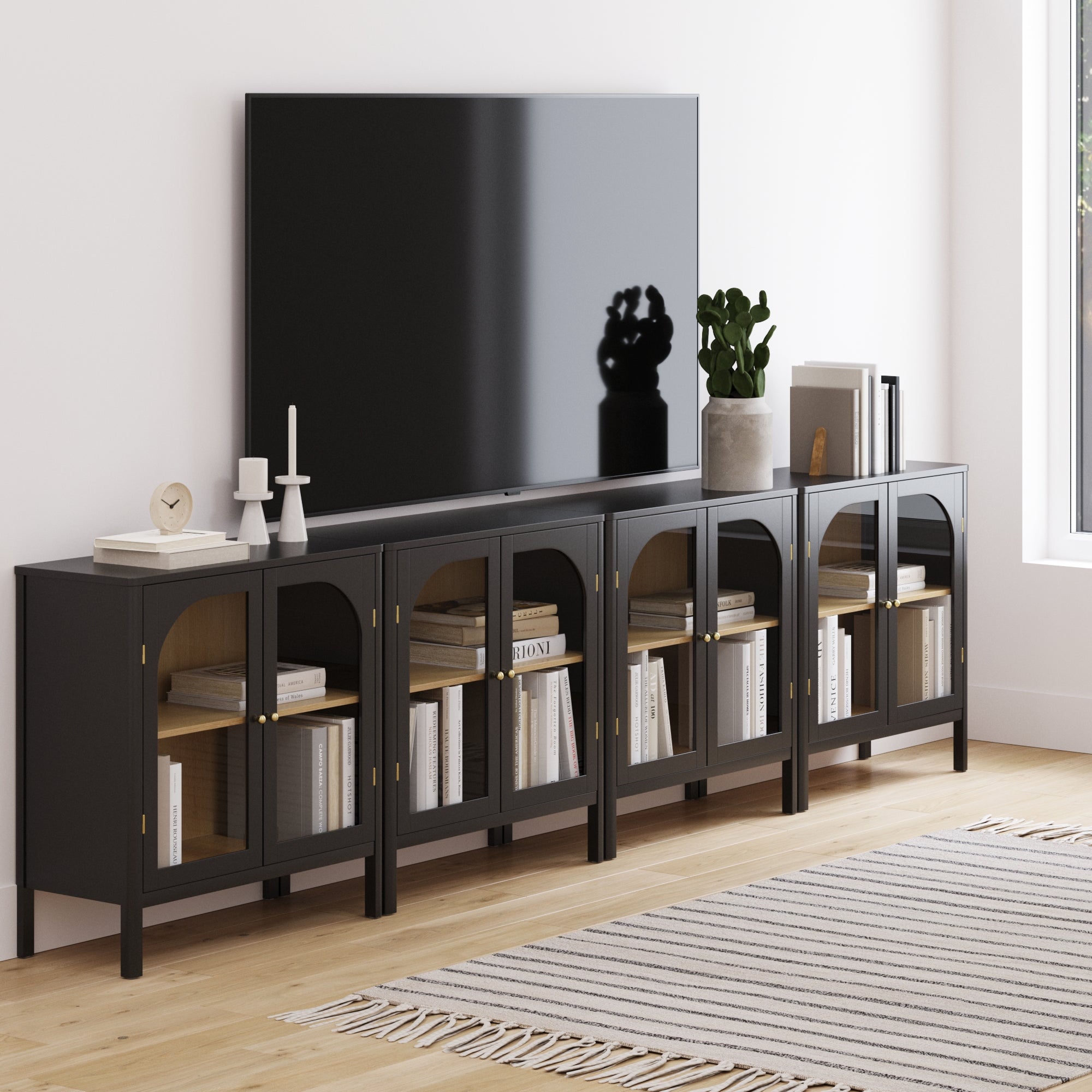 Large Glass Door Curio Cabinet TV Console Credenza Black (Set of 4)