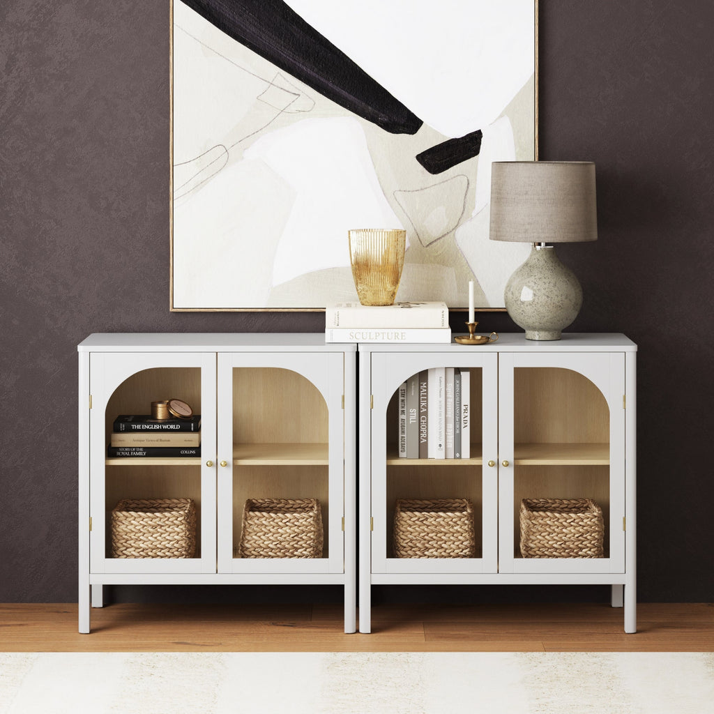 Curio Cabinet TV Stand Credenza with Glass Door White (Set of 2)