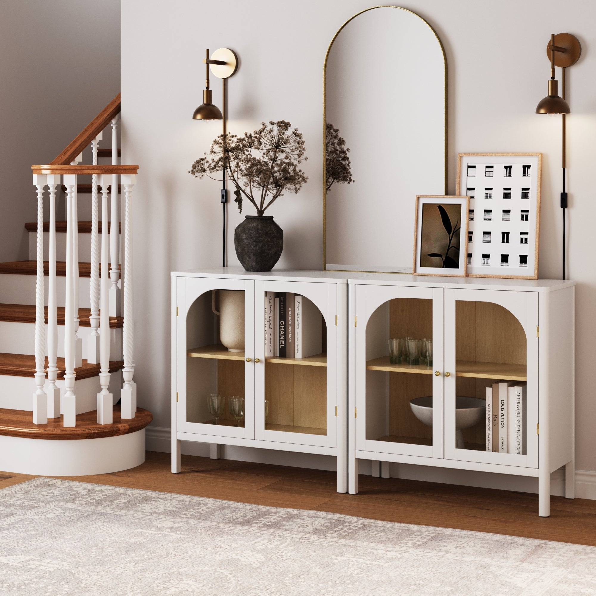 Curio Cabinet TV Stand Credenza with Glass Door White (Set of 2)