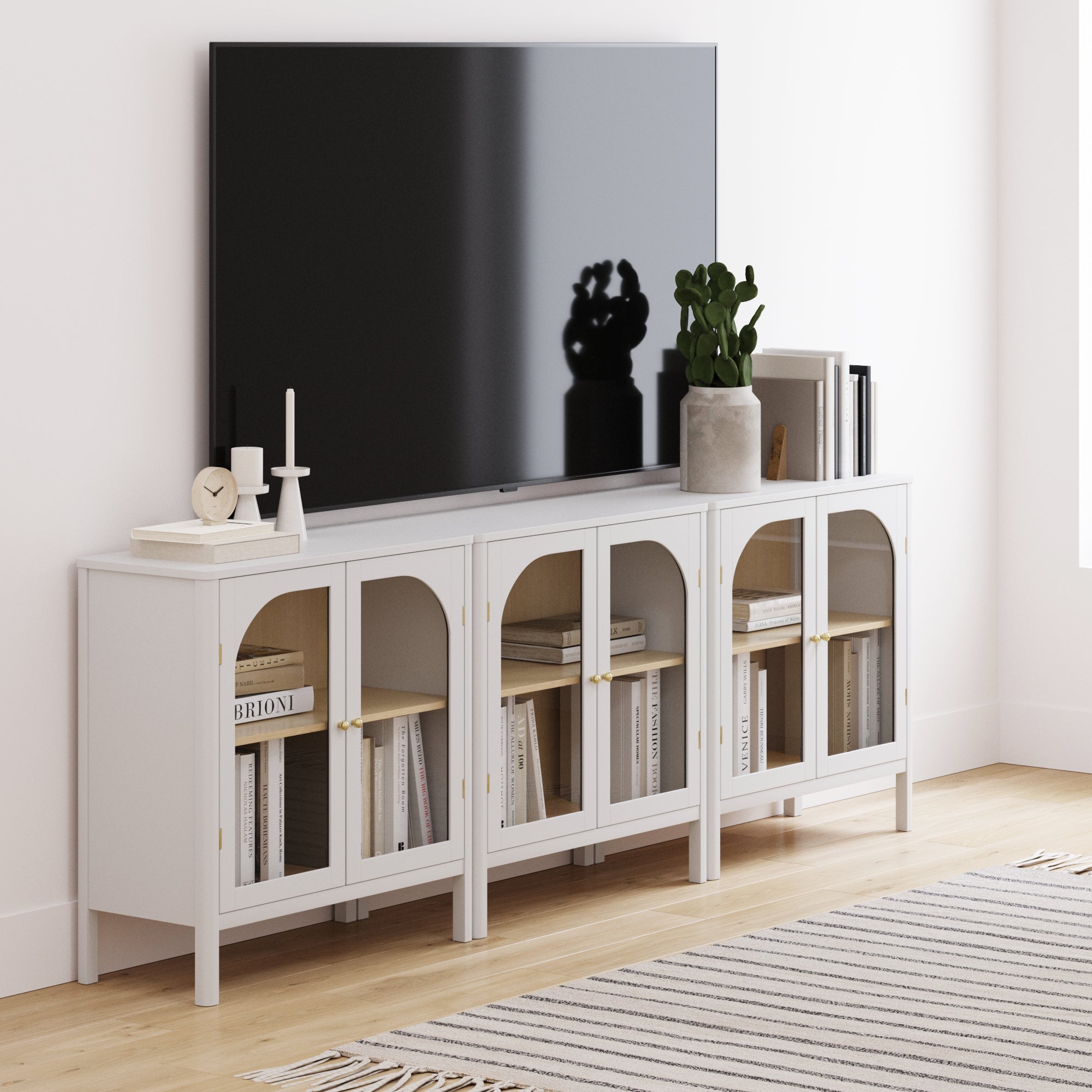Curio Cabinet TV Stand Credenza with Glass Door White (Set of 3)